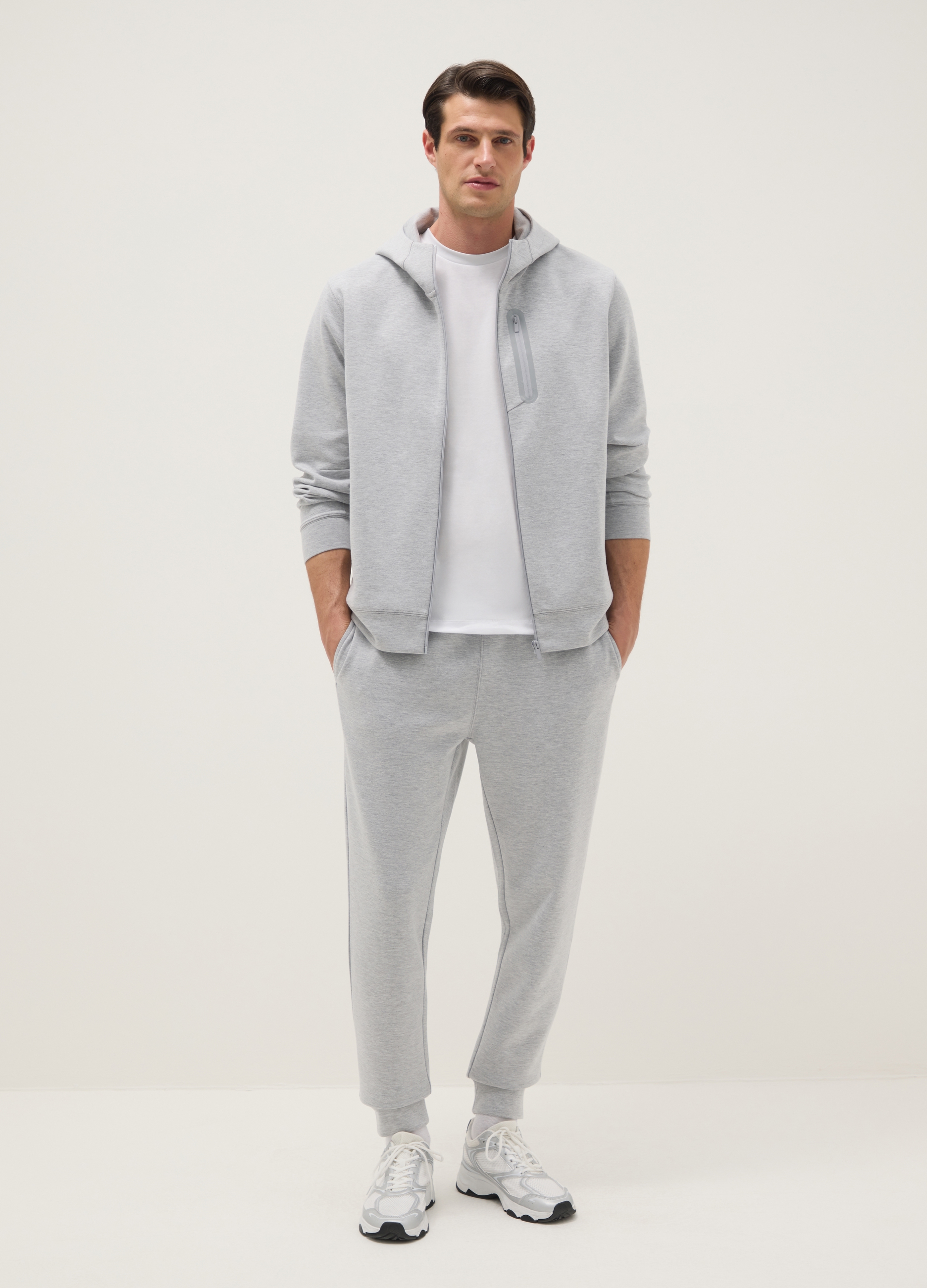 Sudadera Gris Corte Regular Con Capucha Y Cuello Con Cremallera Frontal, Hombre, Gris jaspeado, Talla: M