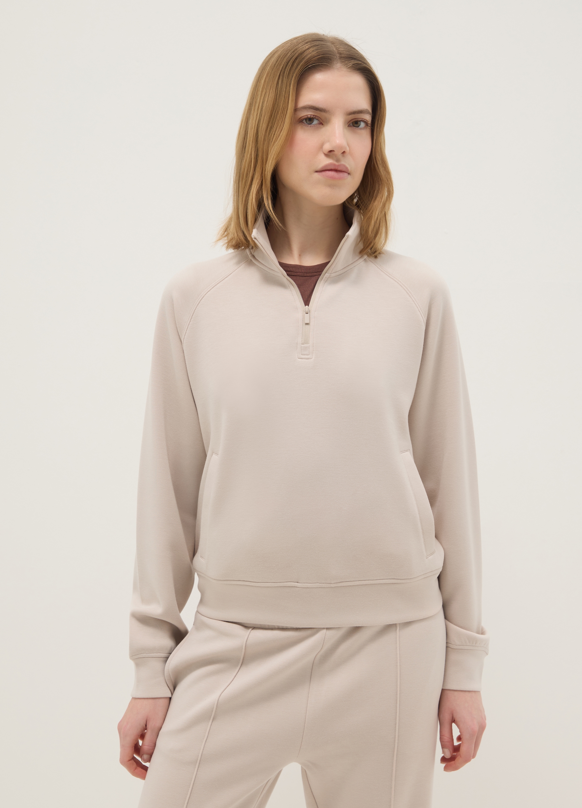 OVS, Felpa In Misto Modal Beige Regular Fit Con Mezza Zip, Donna, Beige, Taglia: XL