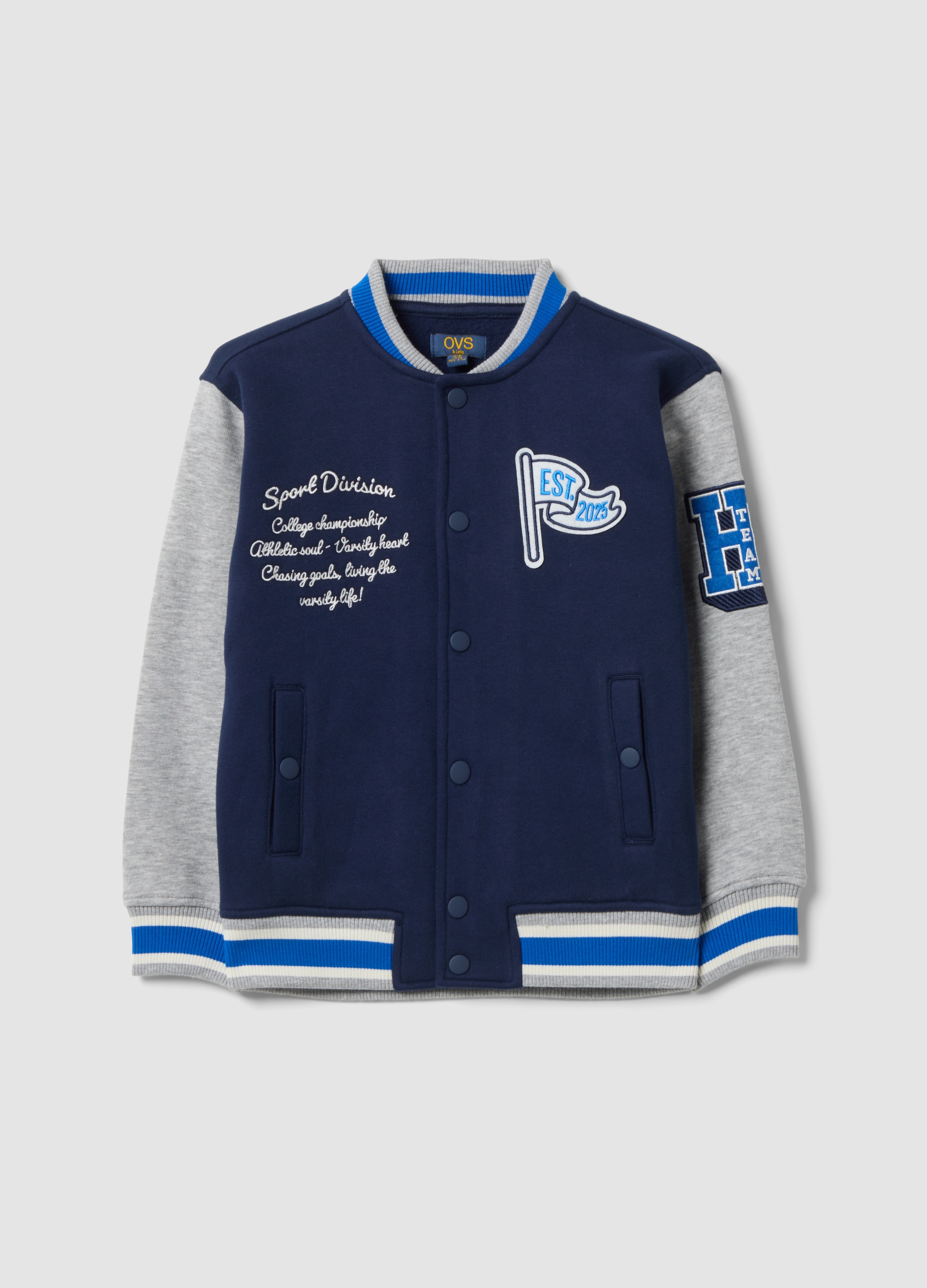 OVS KIDS, Felpa Blu In Misto Cotone Con Girocollo E Stampe College Over Fit, Bambino, Blu, Taglia: 3-4