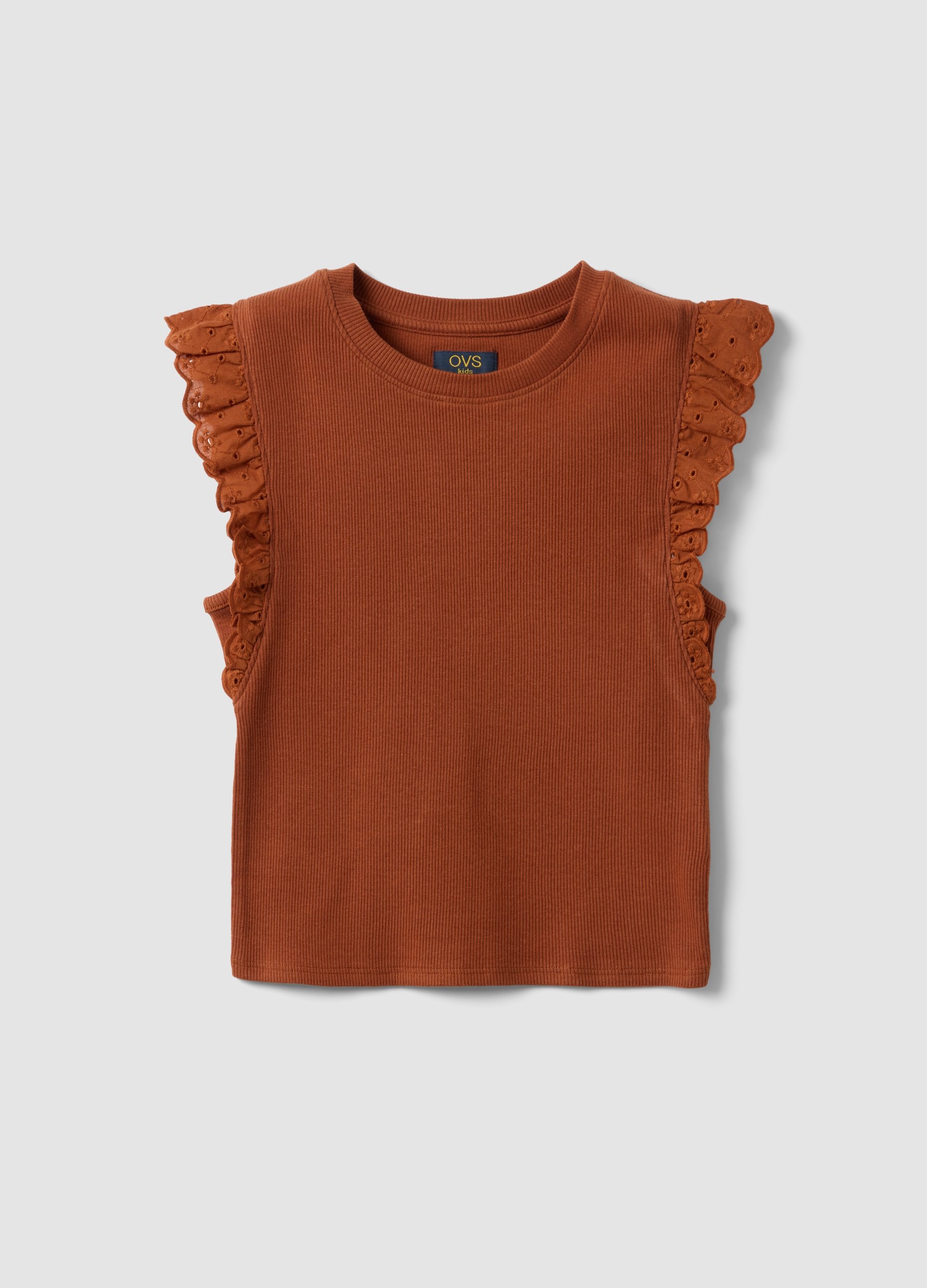 OVS KIDS, Camiseta Marrón De Algodón Elástico Con Volantes, Niña, Marrón, Talla: 14-15