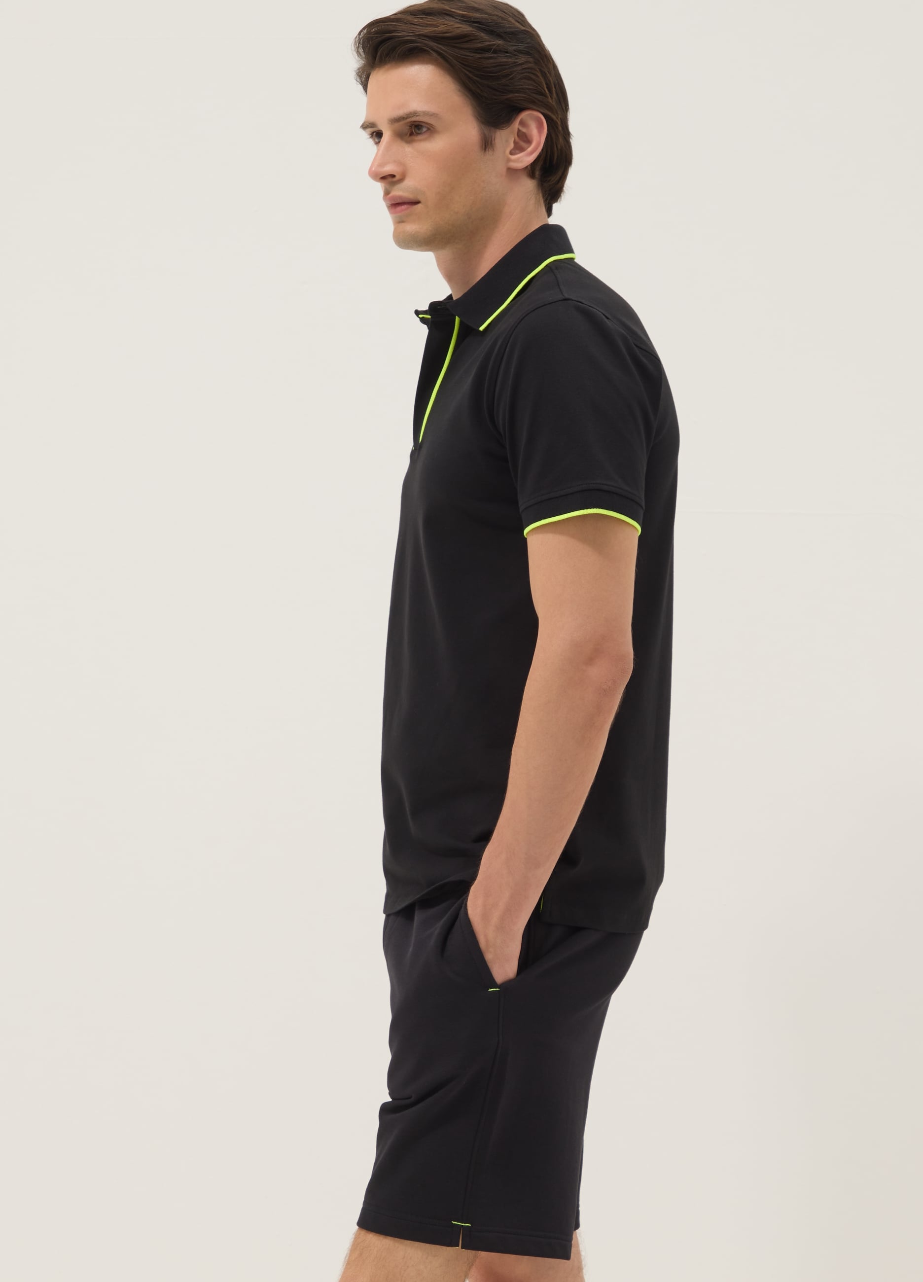 Ovs Uomo Nero Polo Blu In Cotone Elasticizzato Con Profili A Contrasto, Taglia: L