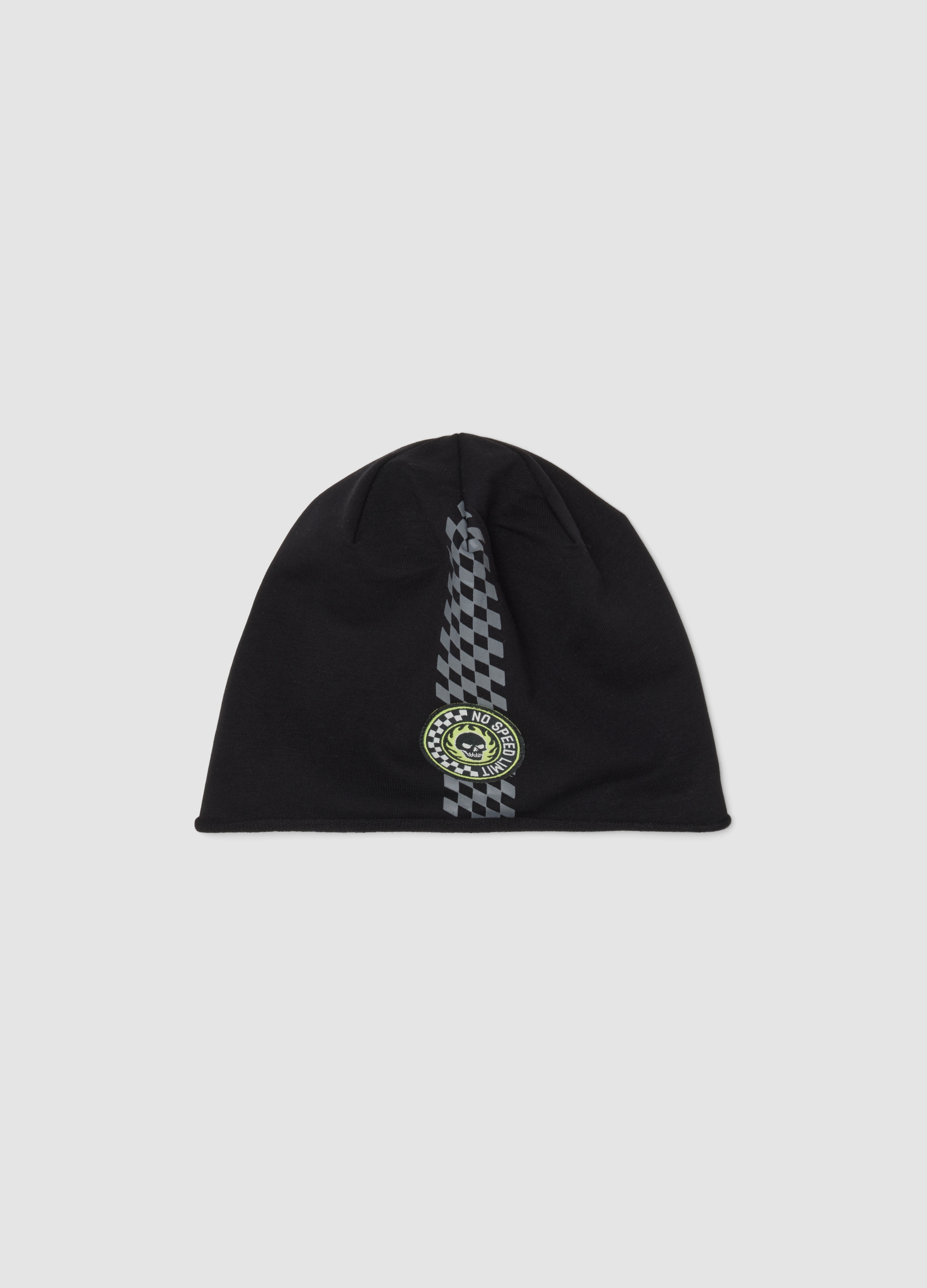 OVS KIDS, Cappello Nero In Cotone Organico Elasticizzato Con Stampa Grafica A Scacchi, Bambino, Nero, Taglia: 52