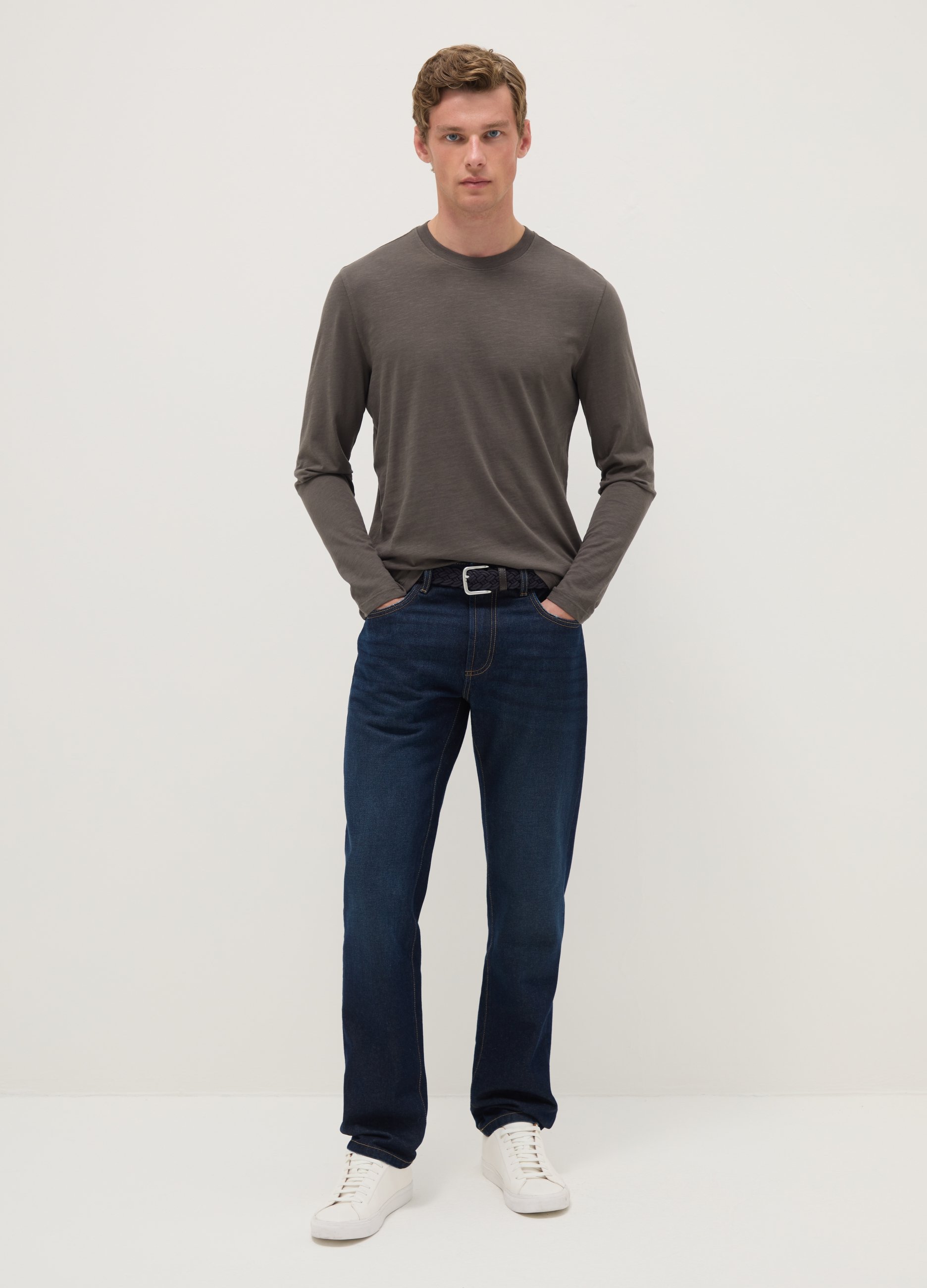 Camiseta Gris De Manga Larga En Algodón Puro Corte Regular, Hombre, Gris claro, Talla: M