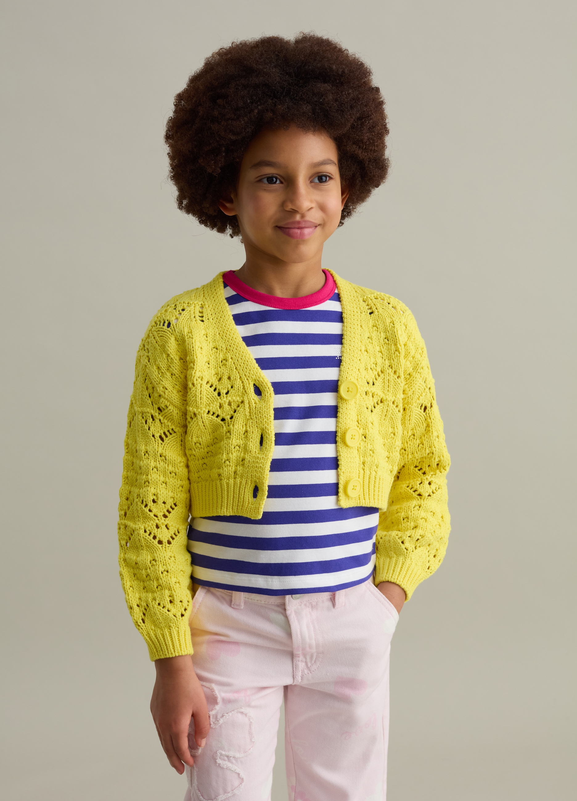 PIOMBO, Cárdigan Con Cuello De Pico Punto Calado, Niña, Amarillo plátano, Talla: 10