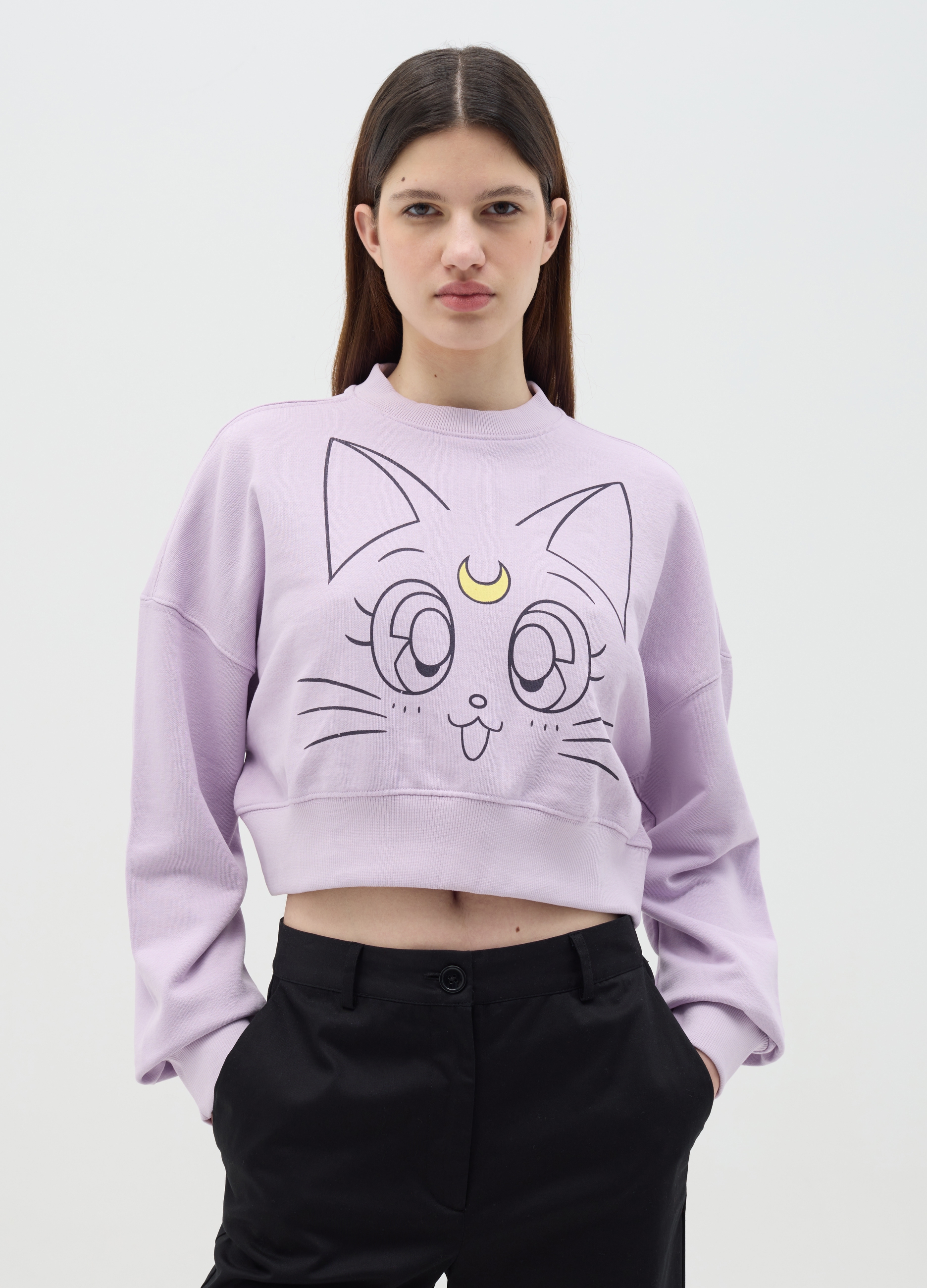 MANGA, Felpa Cropped Lilla Stampa Luna, Unisex, Viola, Taglia: L
