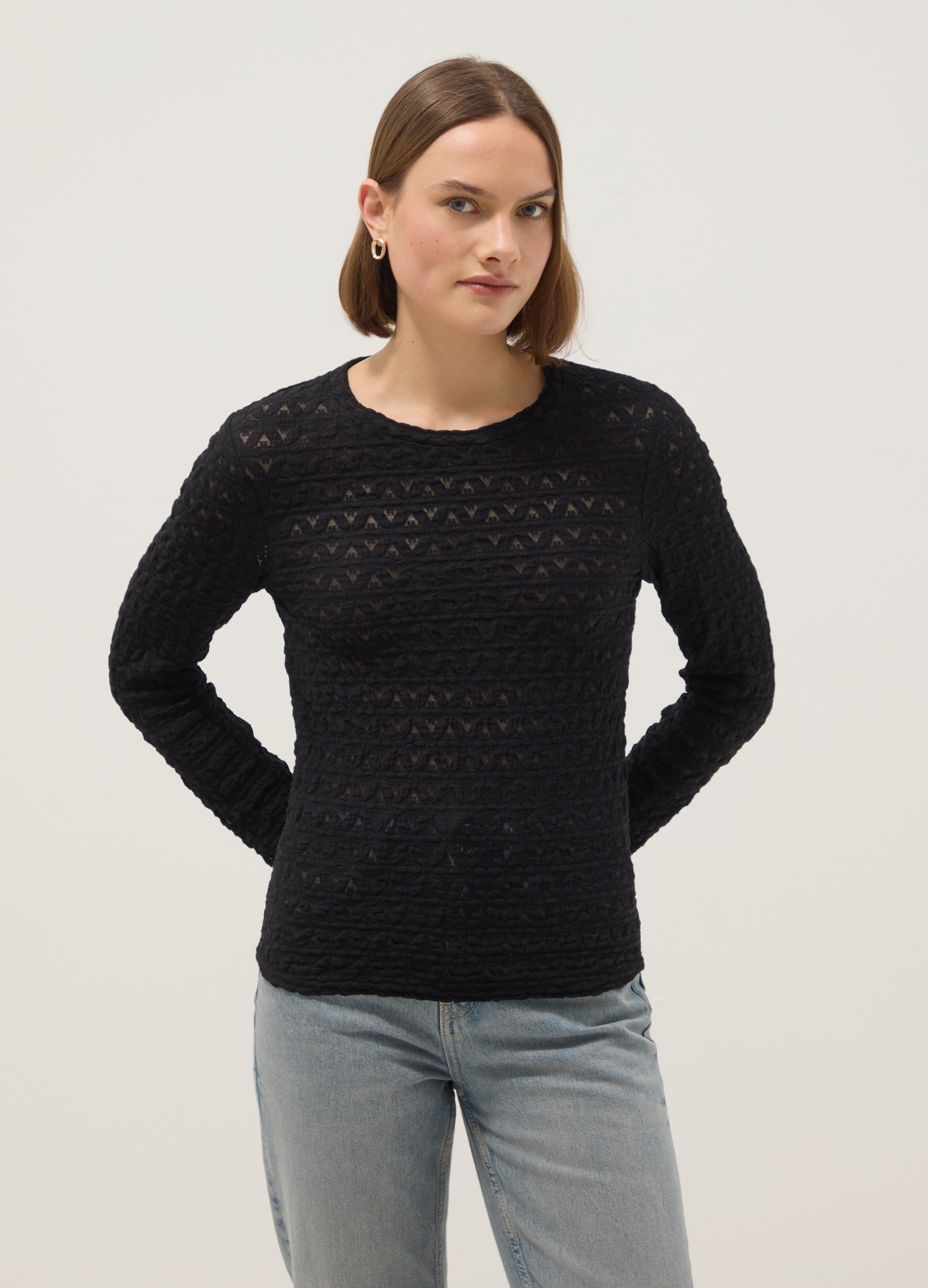 Suéter Negro De Ajuste Regular En Mezcla De Algodón Y Viscosa Con Textura De Tejido, Mujer, Gunmetal, Talla: XXL