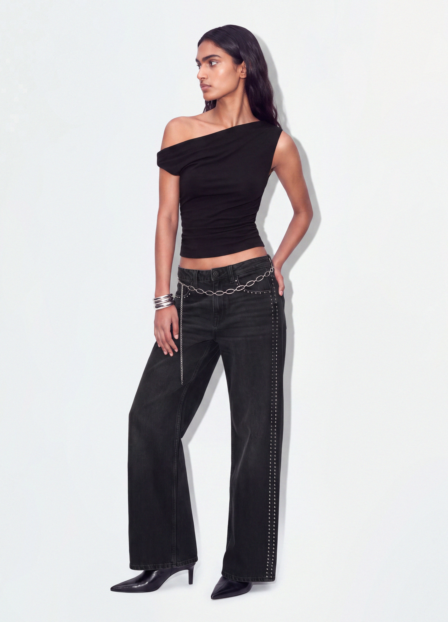 B.ANGEL, Top Nero Asimmetrico Monospalla In Viscosa Elasticizzata Slim Fit, Donna, Nero, Taglia: L
