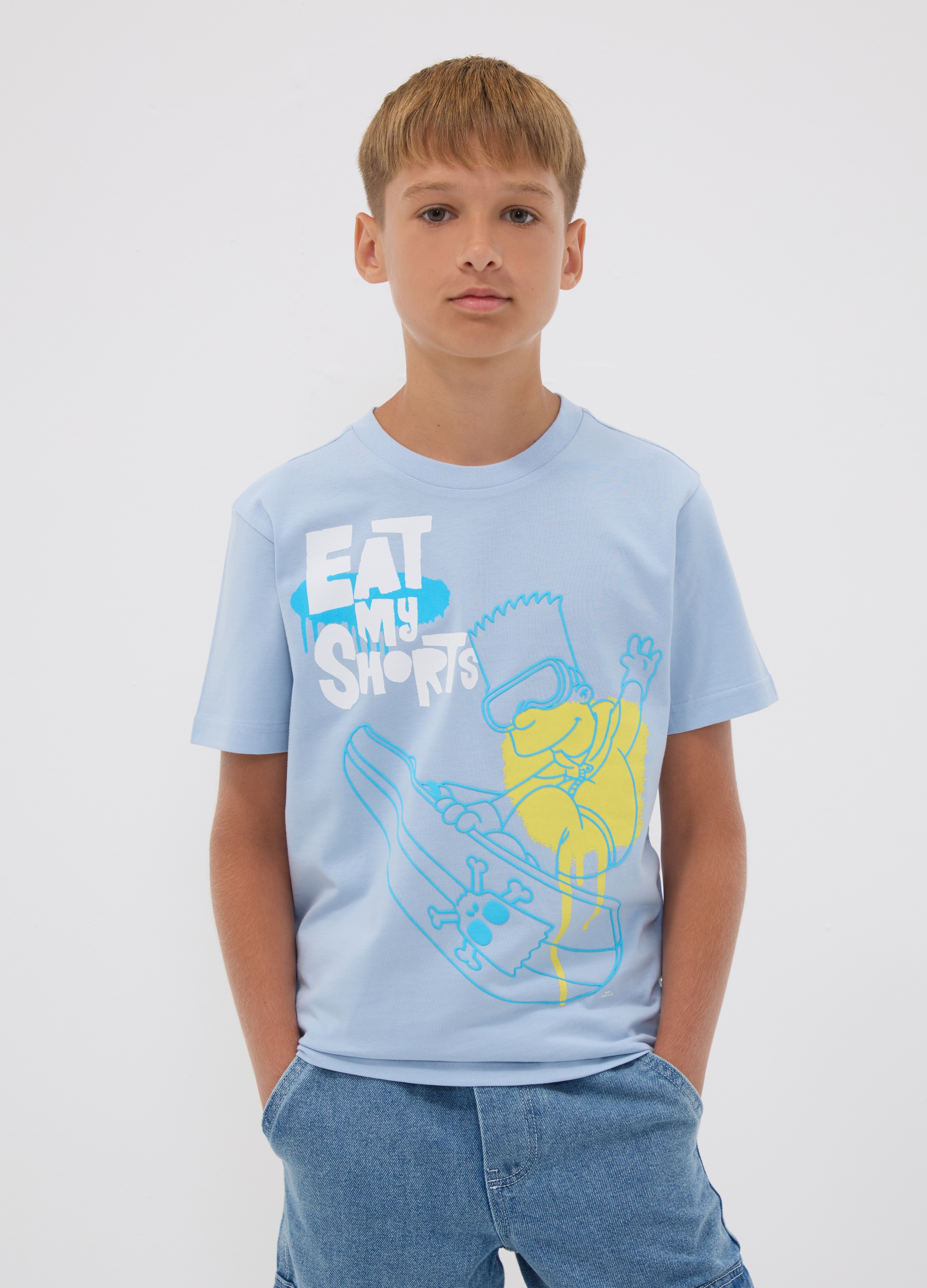 OVS KIDS, T-shirt Azzurra In Puro Cotone Con Stampa Simpson Per Ragazzo, Bambino, Azzurro, Taglia: 14-15