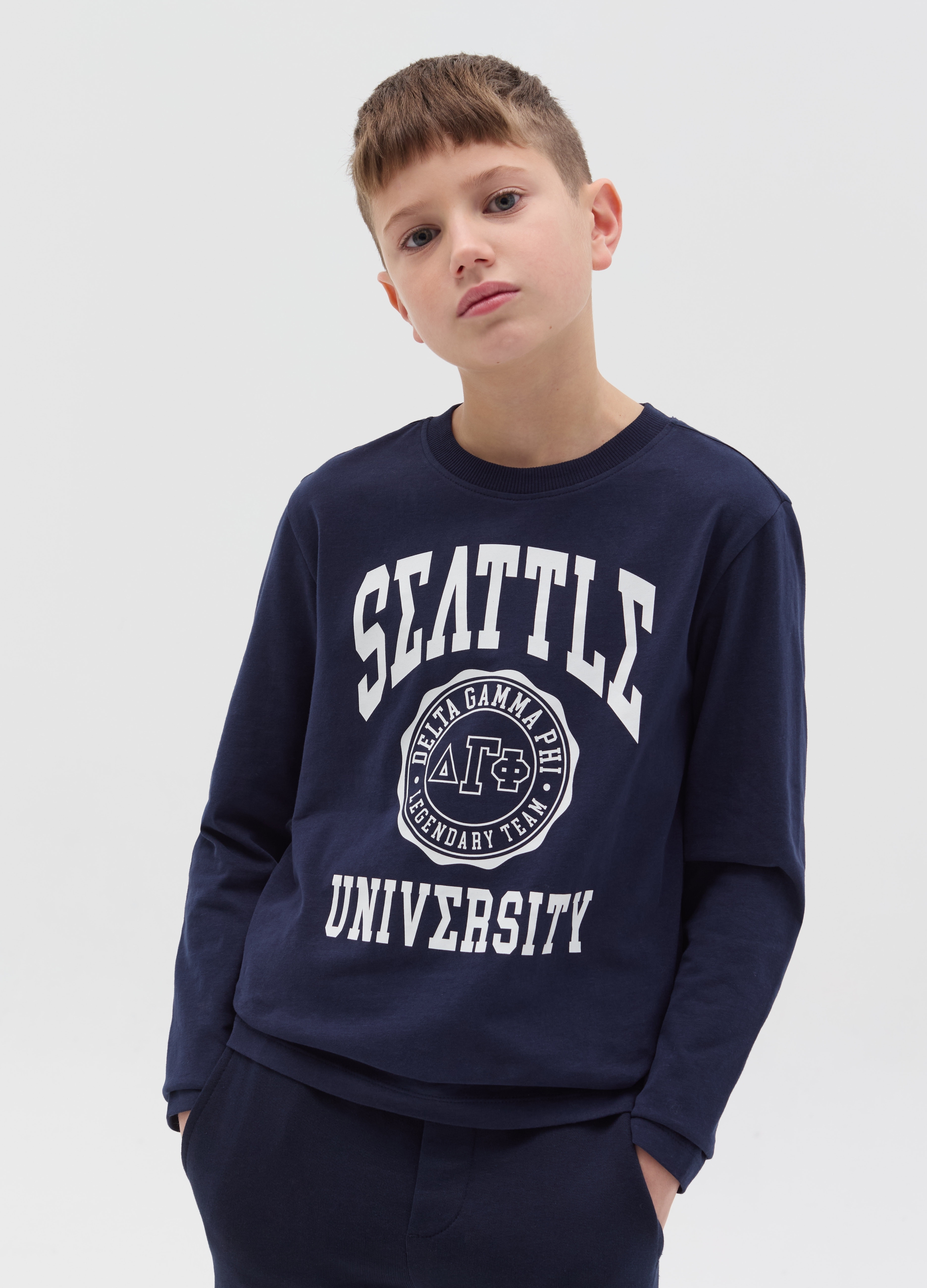 OVS KIDS, T-shirt A Maniche Lunghe Con Stampa Lettering, Bambino, Blu, Taglia: 10-11