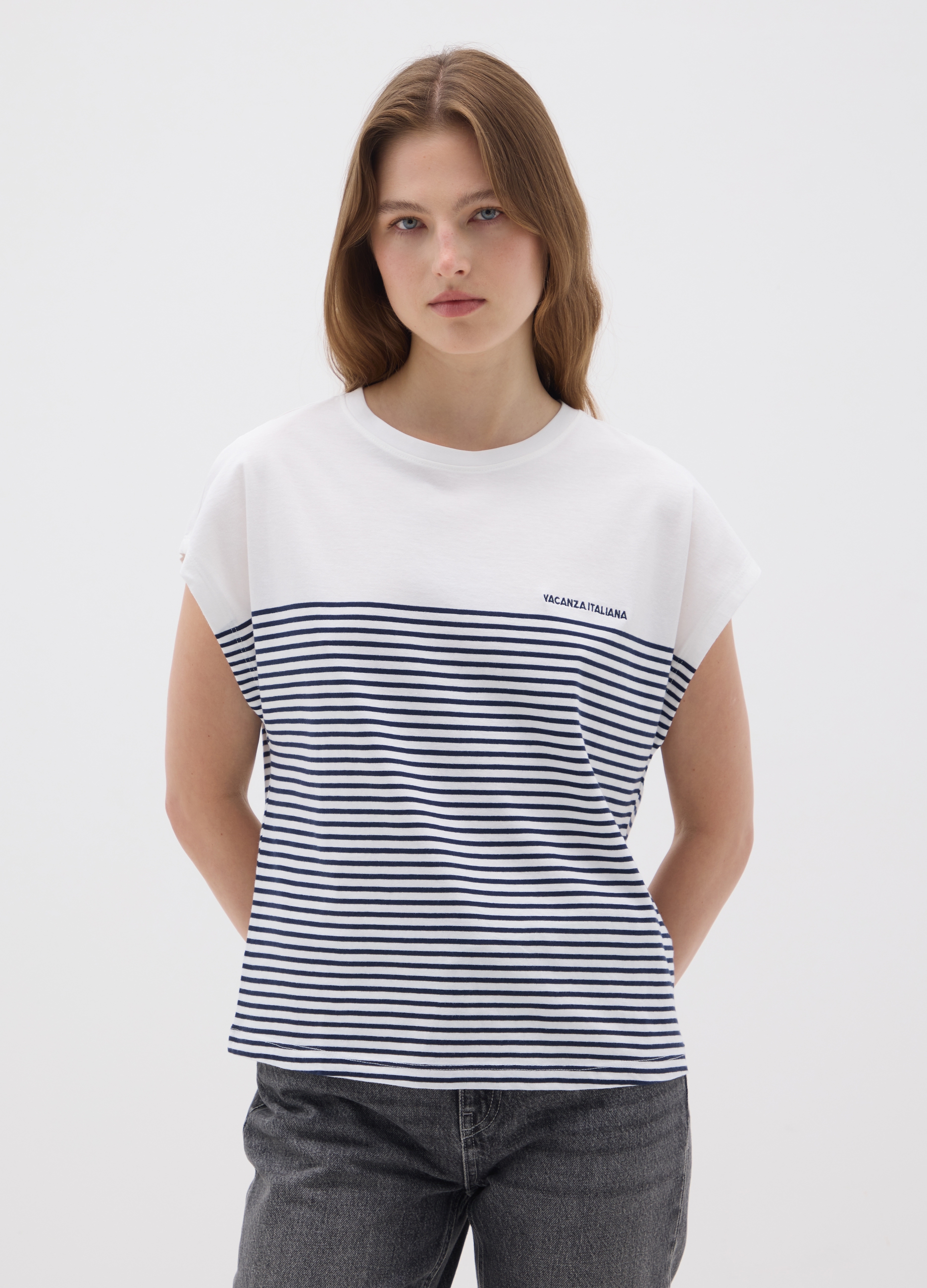 OVS, Multicolor Damen-t-shirt Aus Reiner Baumwolle, Frau, Weiß/Blau, Größe: 36