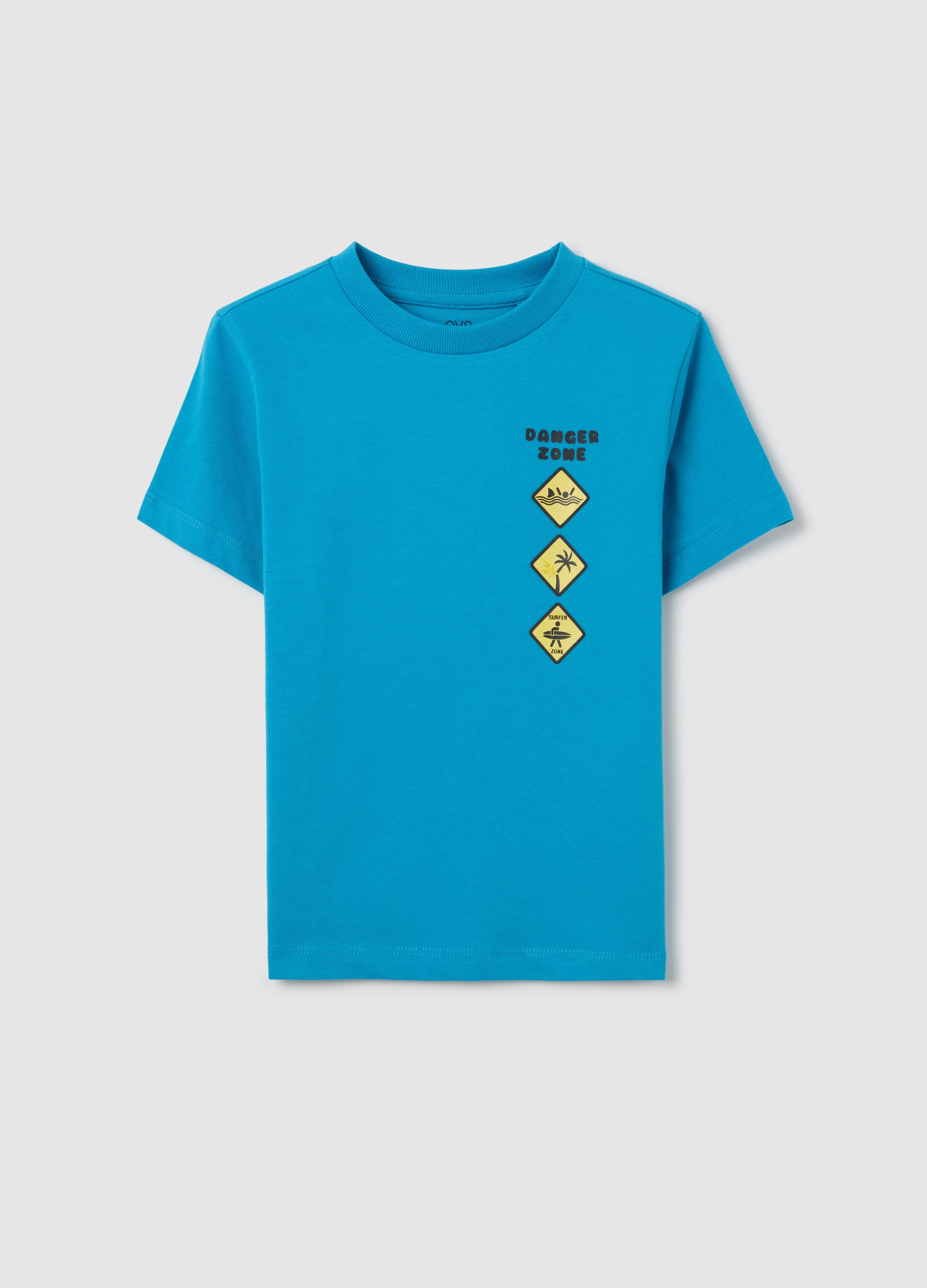 OVS, T-shirt Azzurra In Cotone Con Stampa danger Zone, Bambino, Azzurro, Taglia: 3-4