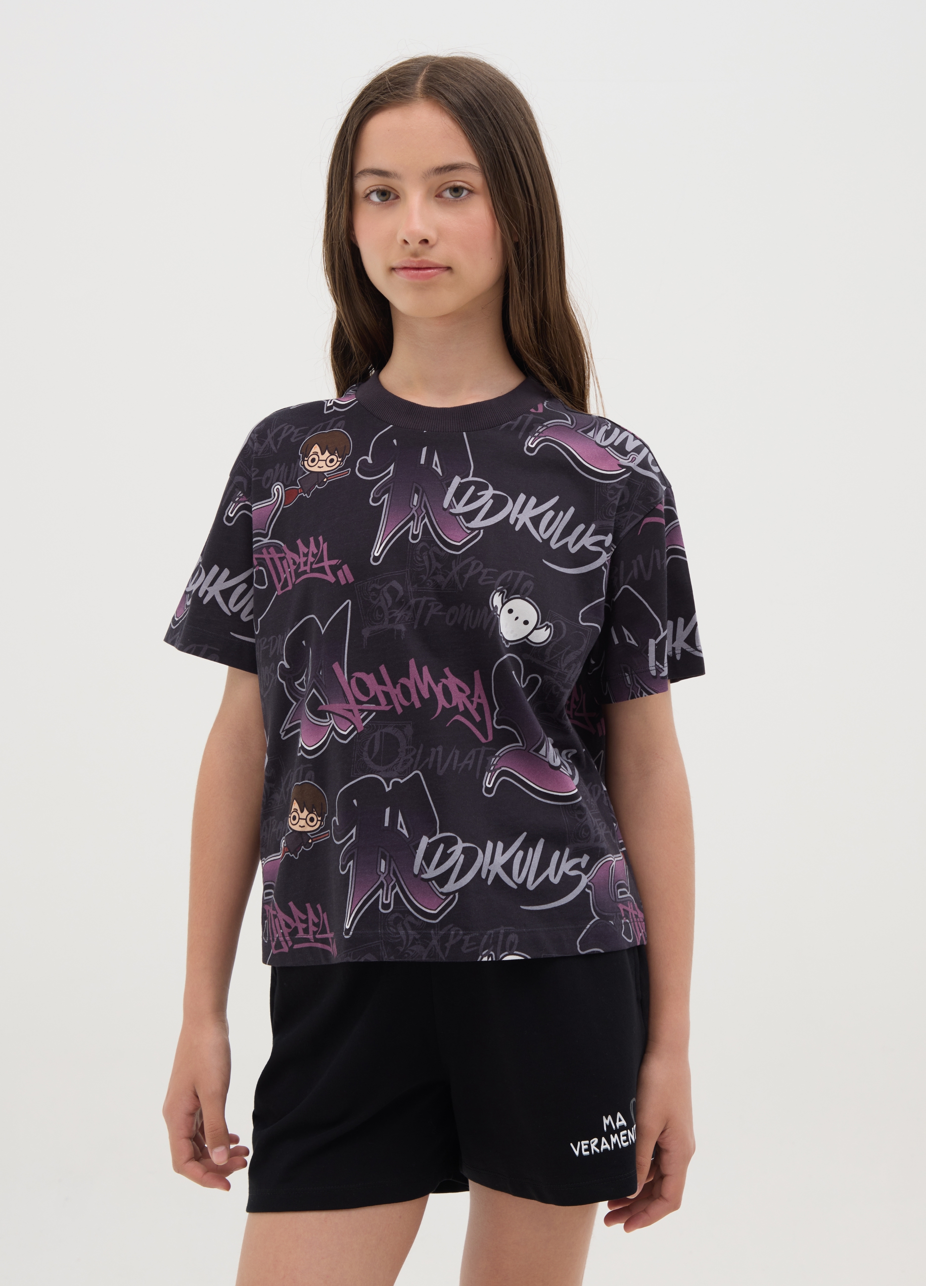 OVS, T-shirt Da Ragazza In Puro Cotone Nero Oversize Con Fantasia Vivace, Bambina, Nero, Taglia: 10-11