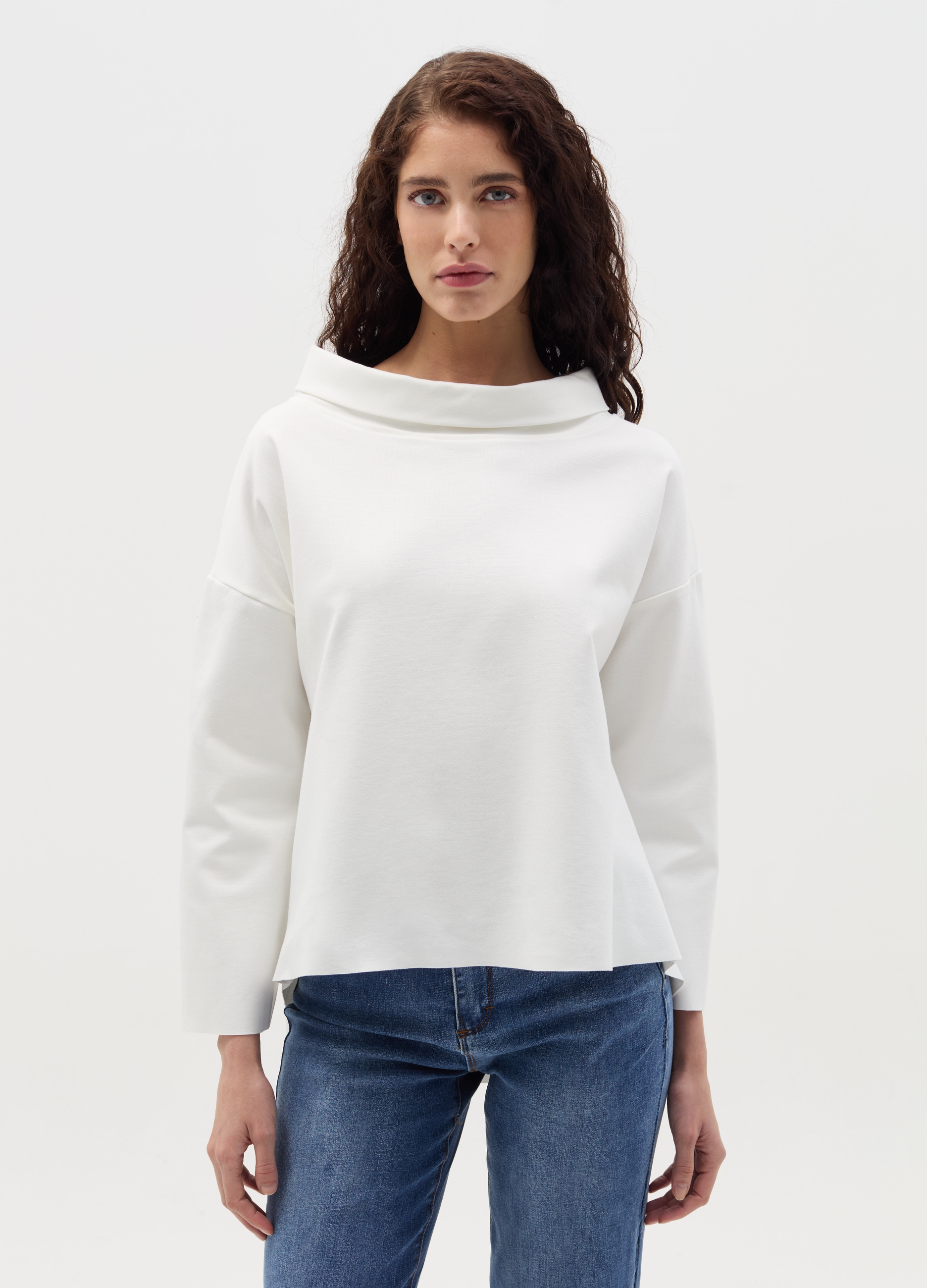 HYBRID, Blusa Con Collo Ad Anello, Donna, Bianco, Taglia: S/M