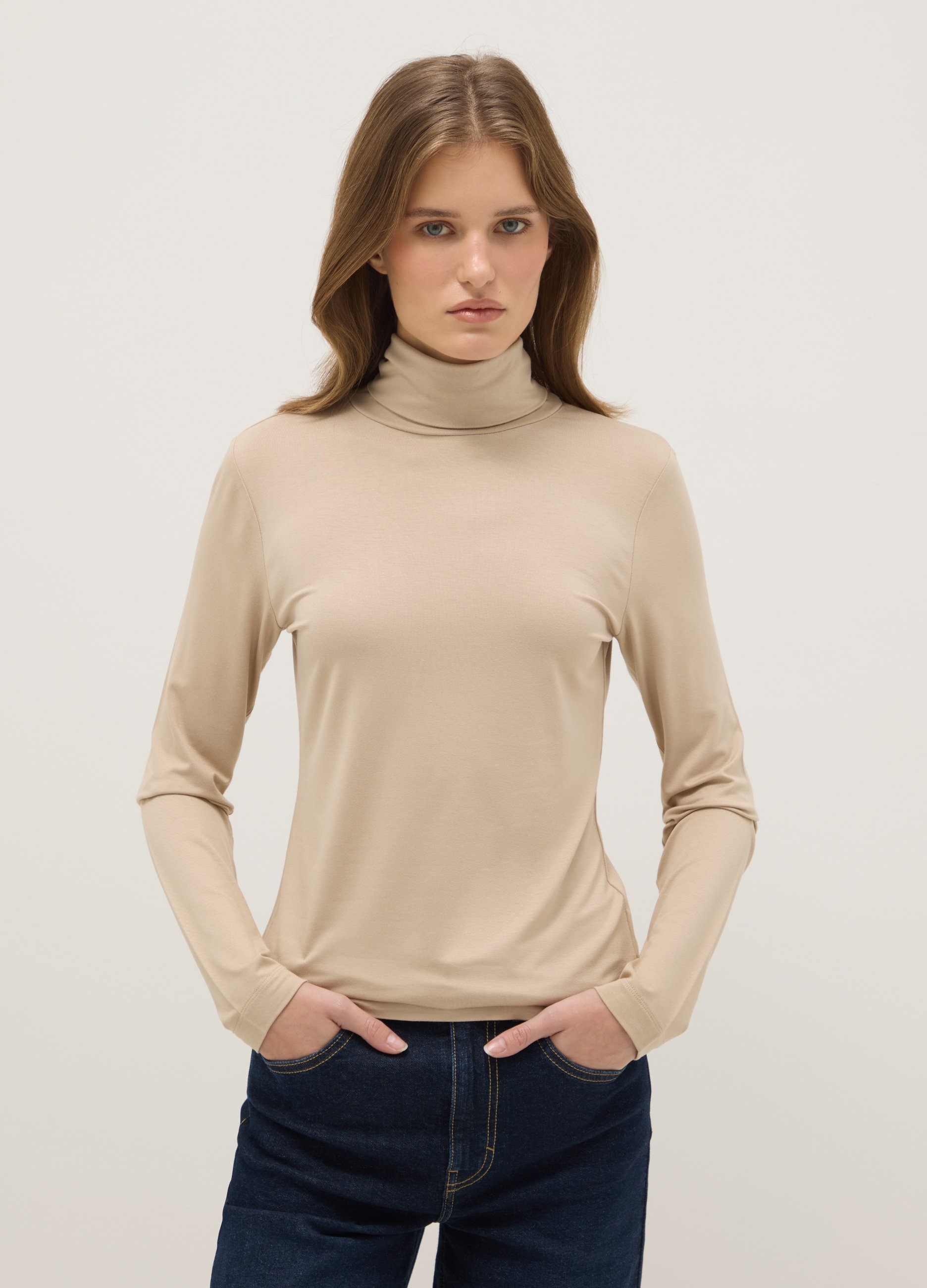 Jersey Beige De Cuello Redondo Con Mangas Largas Y Ajuste Regular, Mujer, Beige Jaspeado, Talla: 34