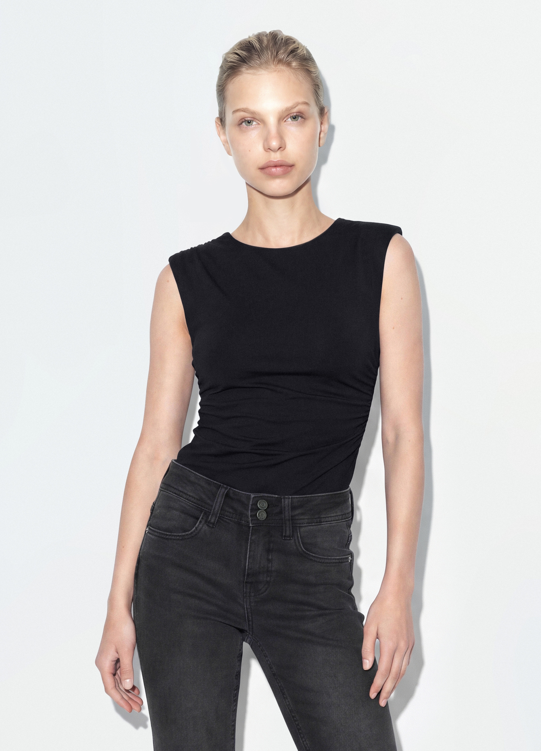 B.ANGEL, Body Nero In Tessuto Elasticizzato Con Arricciature Regular Fit, Donna, Nero, Taglia: S