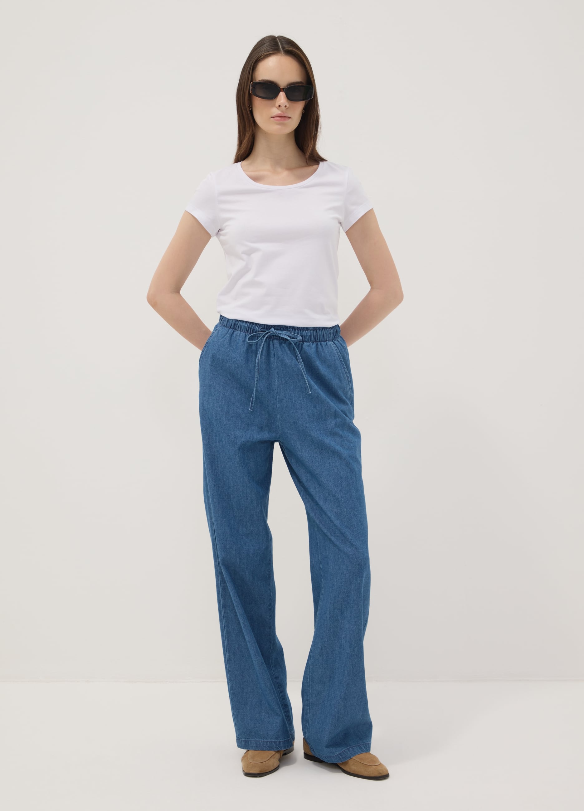 REPUBLIC OF DENIM, Pantaloni Denim Blu In Puro Cotone Wide Leg Con Coulisse, Donna, Blu, Taglia: XXL