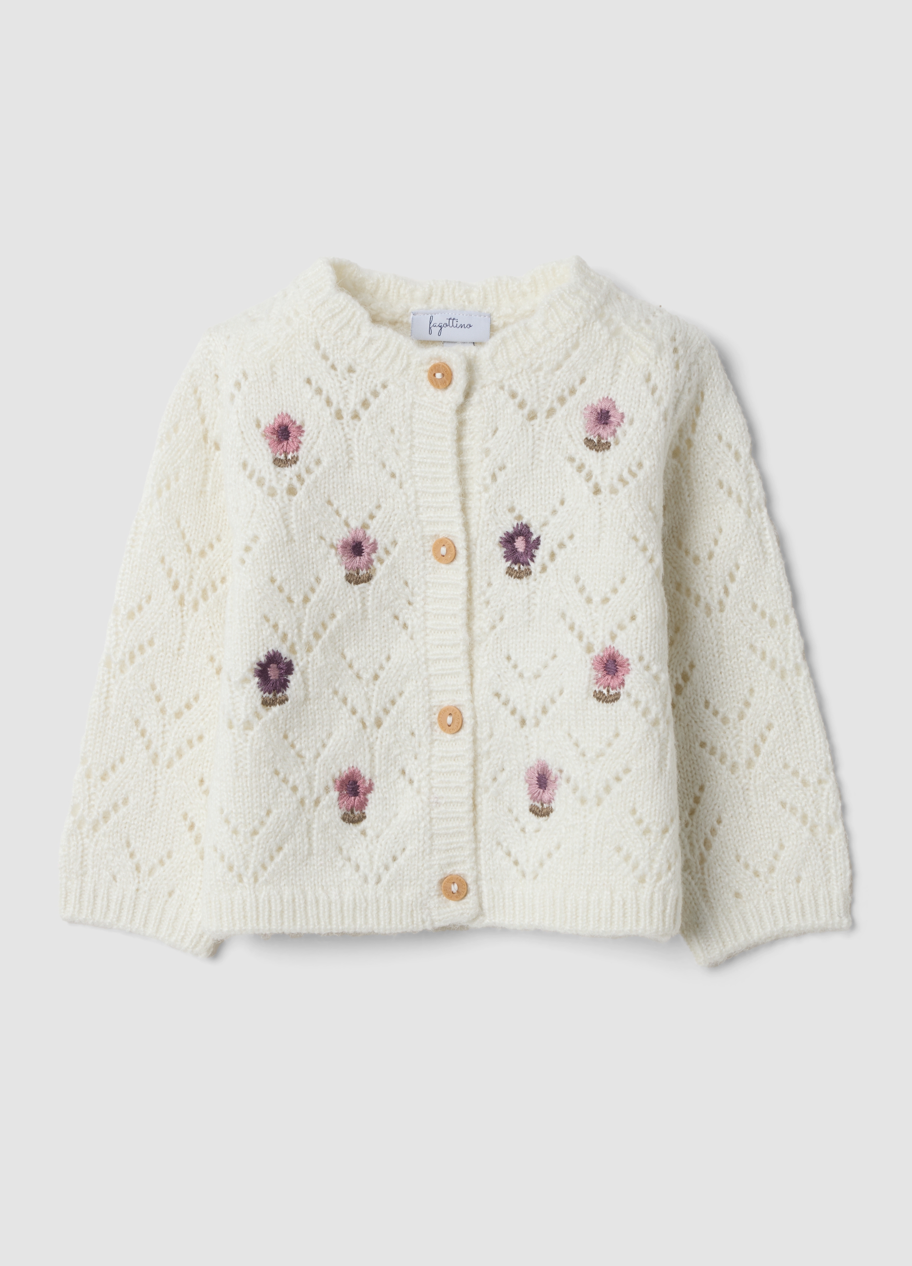 FAGOTTINO, Cardigan Bianco In Maglia Traforata Con Girocollo, Neonata, Bianco, Taglia: 6-9
