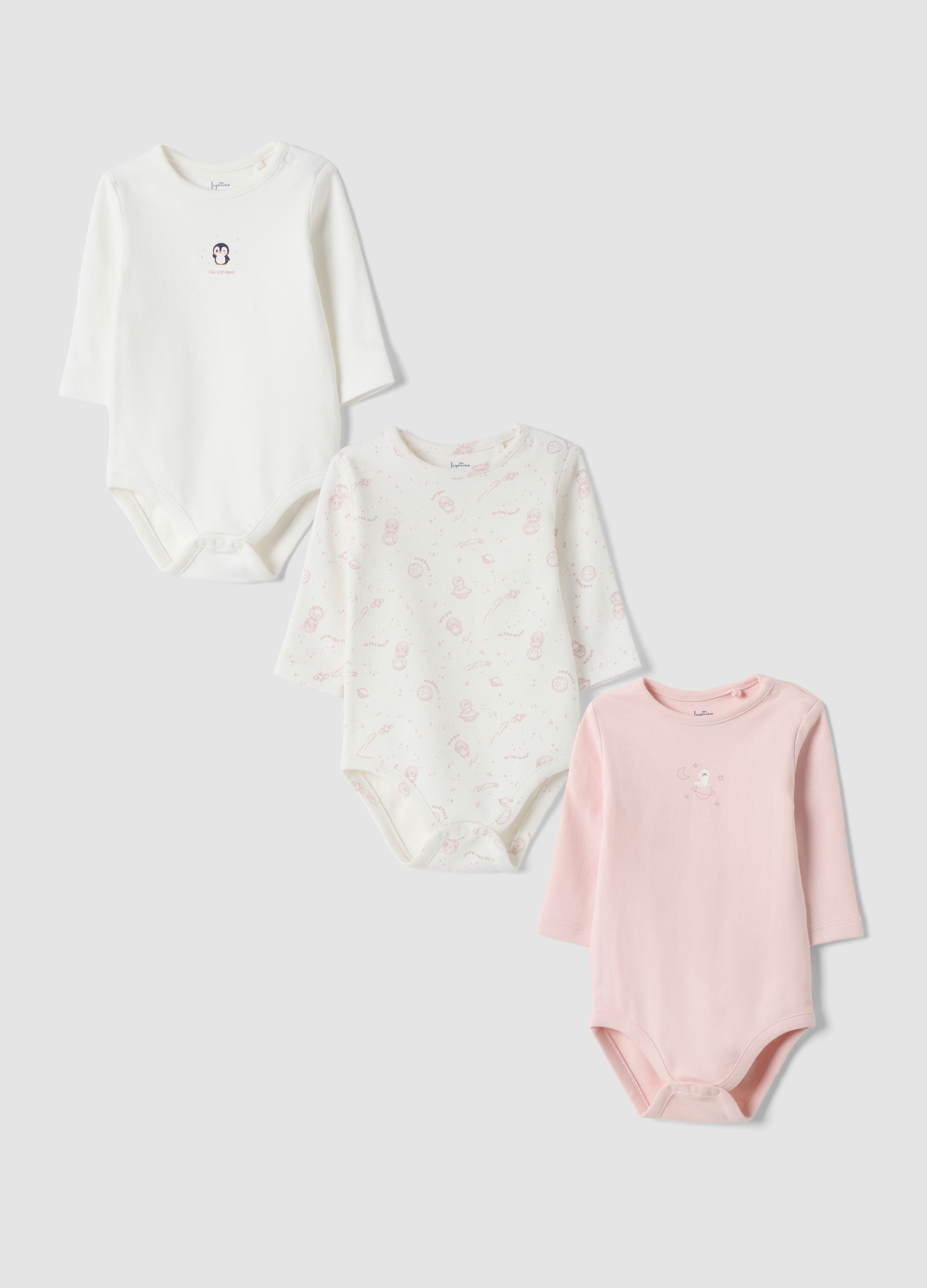 FAGOTTINO, Tripack Body Rosa E Bianchi In Puro Cotone Organico A Girocollo, Neonata, Multicolor, Taglia: 1-3