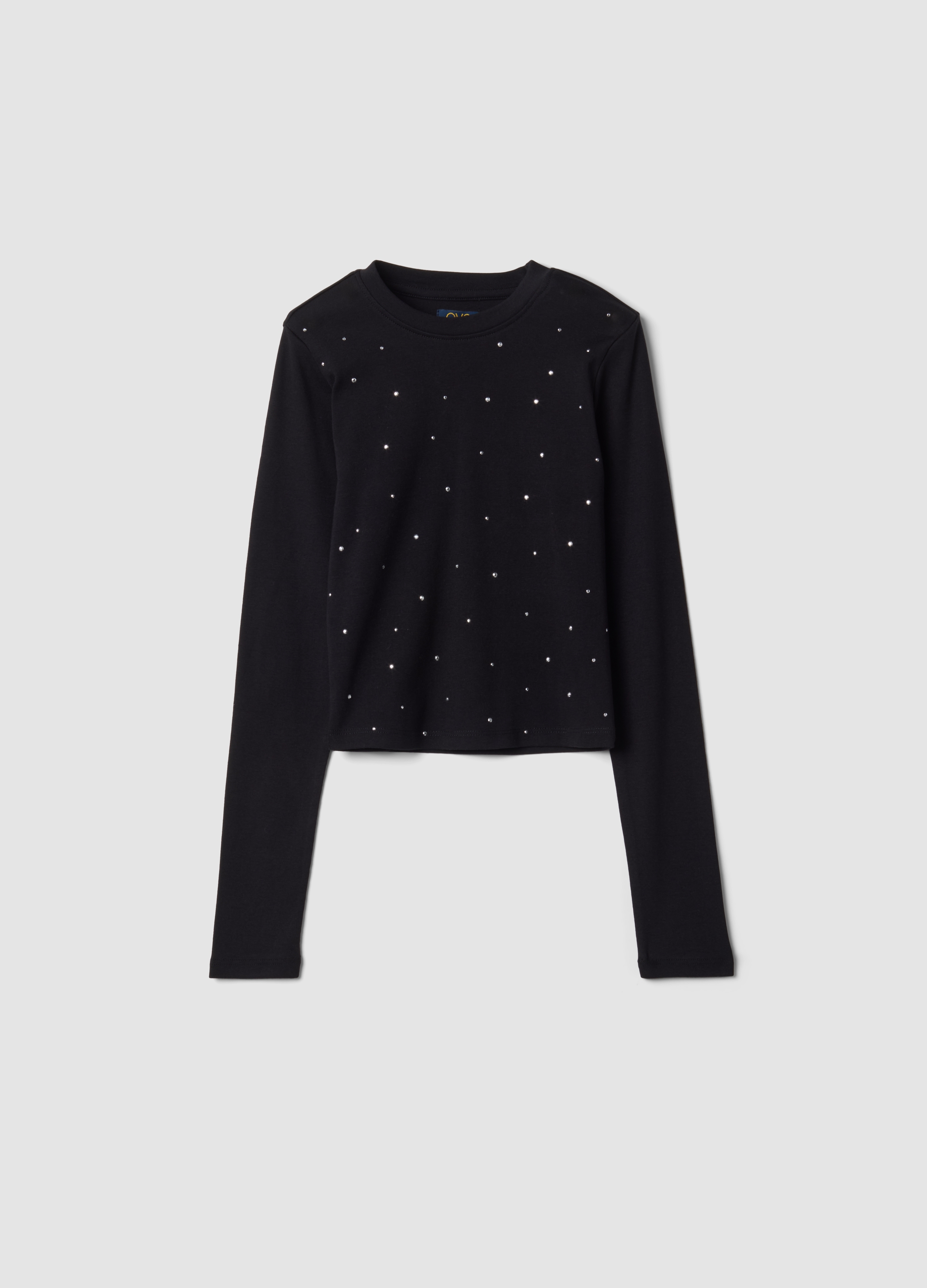 OVS KIDS, T-shirt Nera In Cotone Elasticizzato Con Collo A Costine Slim Fit, Bambina, Nero, Taglia: 10-11