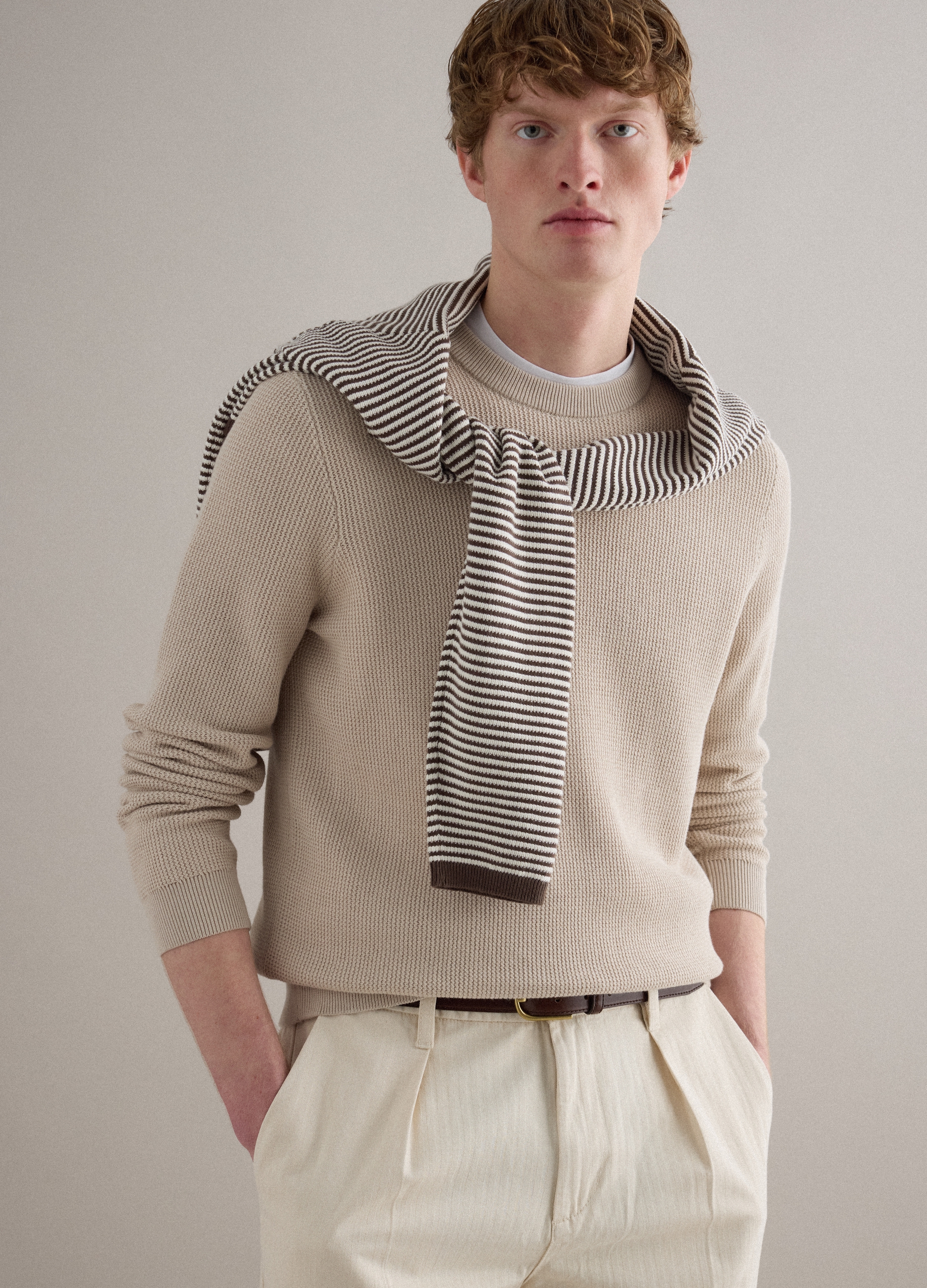 PIOMBO, Jersey Beige De Algodón Puro Cuello Redondo Corte Regular, Hombre, Beige Jaspeado, Talla: S