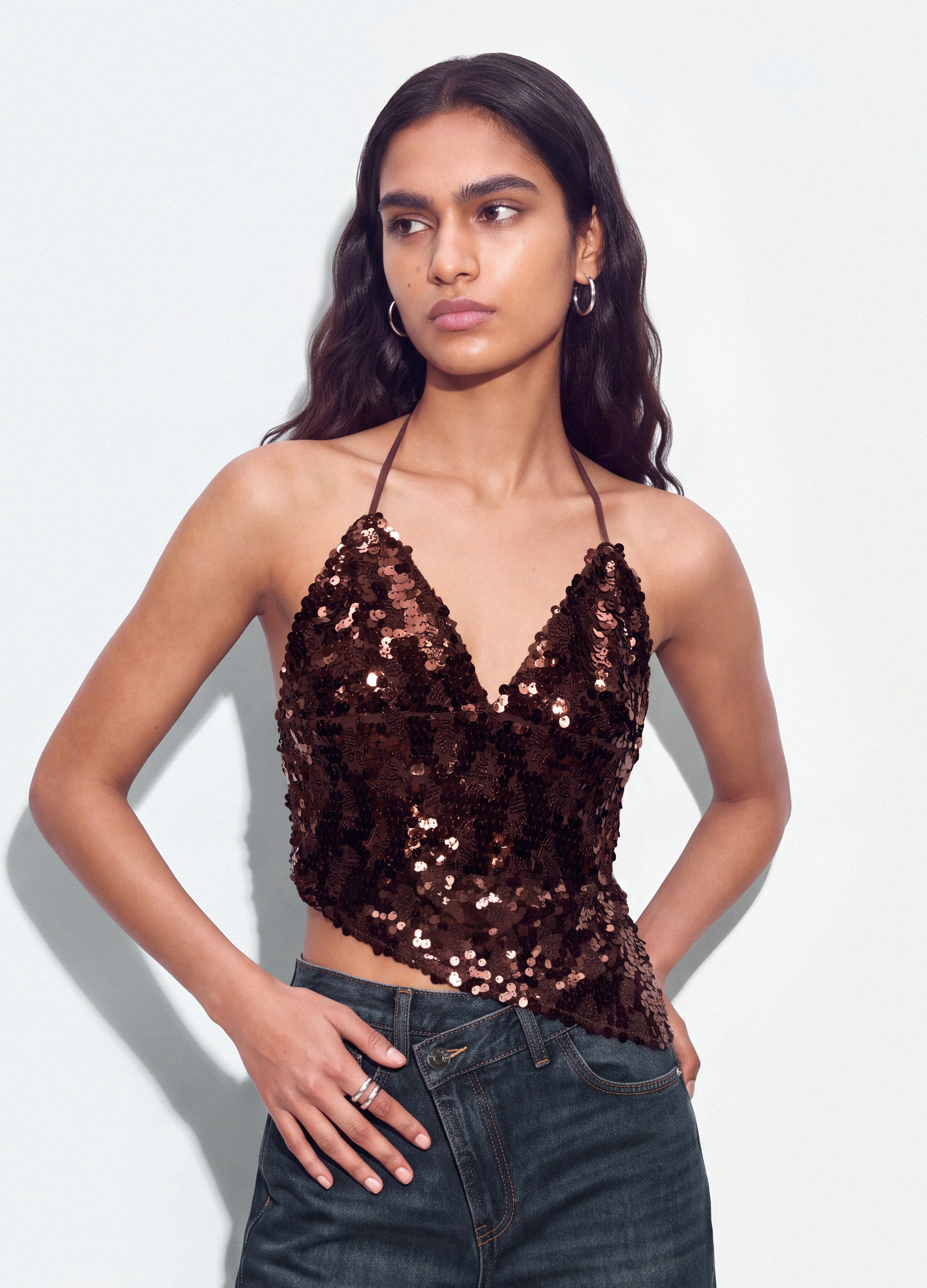 B.ANGEL, Top Marrone In Tessuto Elasticizzato Con Paillettes, Donna, Marrone, Taglia: L