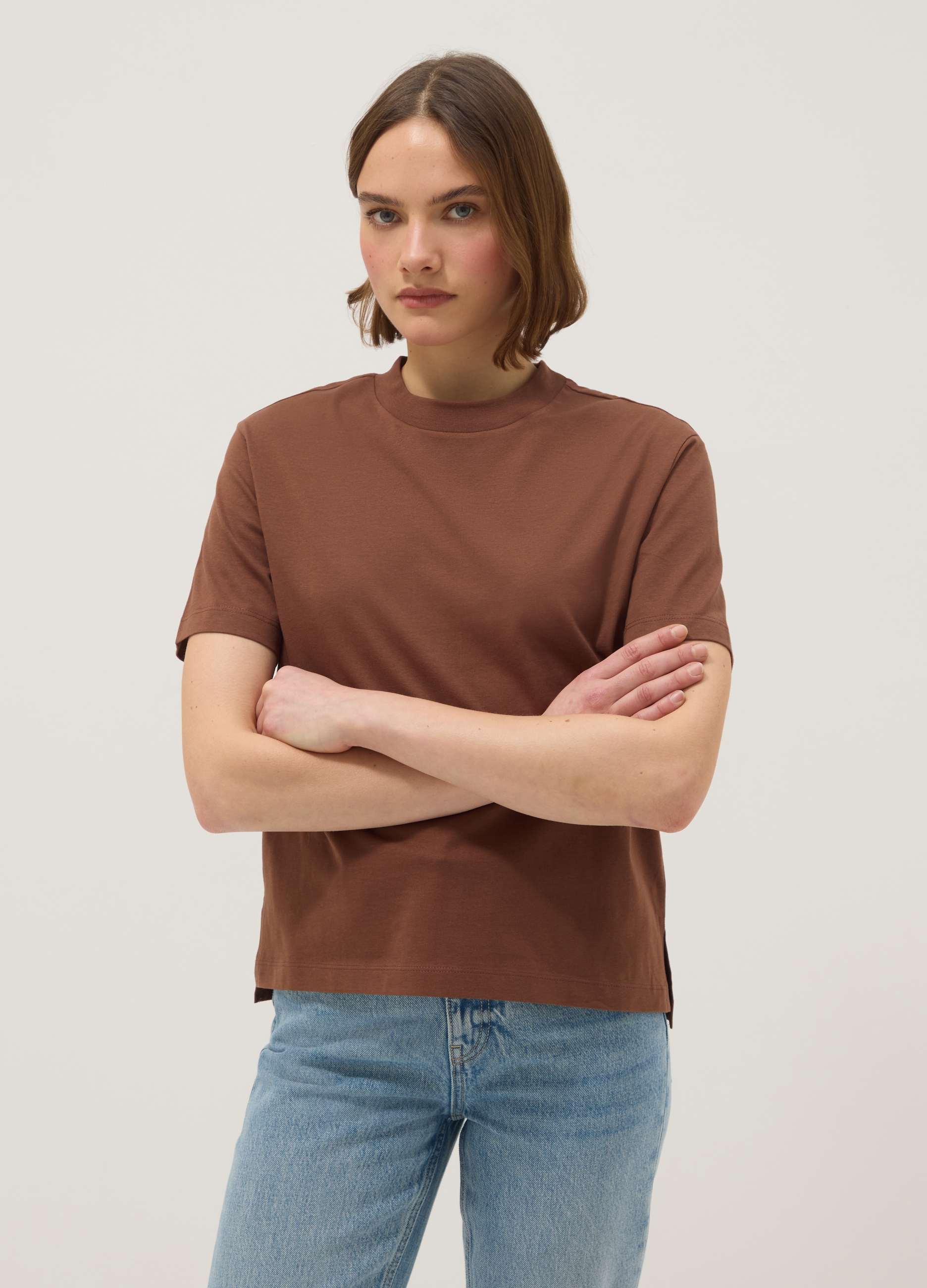 Camiseta Marrón De Algodón Puro Corte Regular, Mujer, Marrón claro, Talla: 38