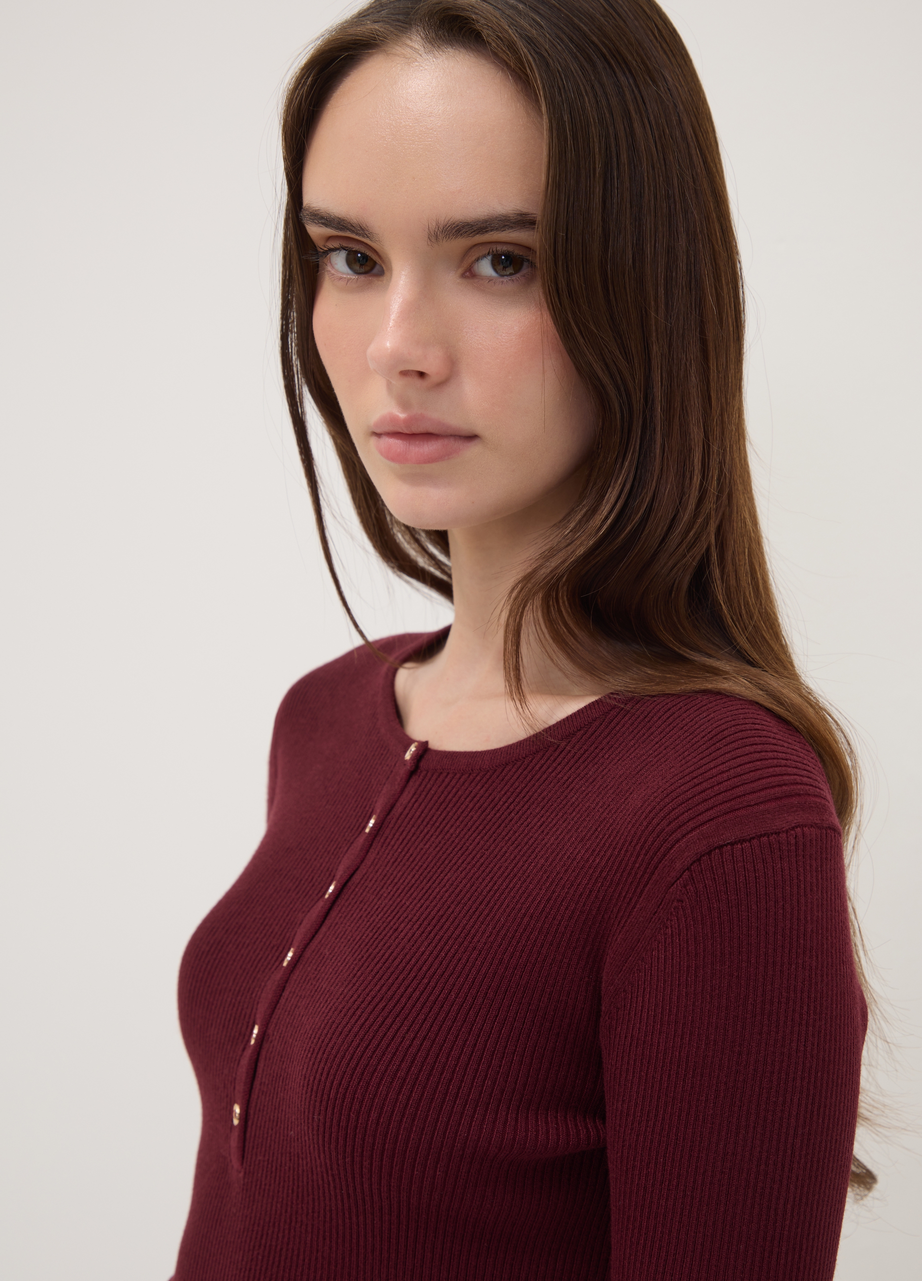 OVS, Maglia Rossa In Misto Viscosa A Costine Con Bottoni Fitted, Donna, Rosso, Taglia: XS