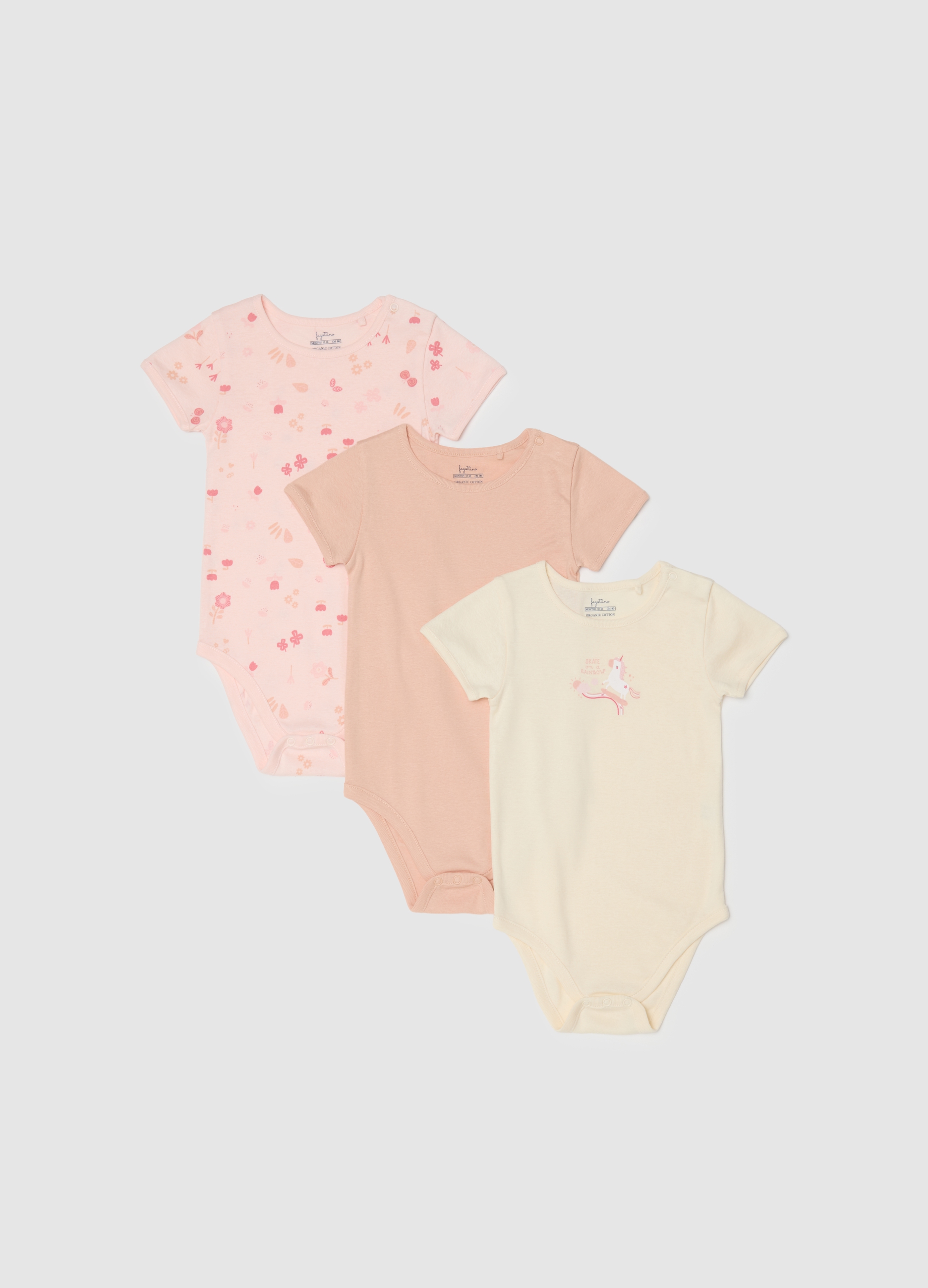 FAGOTTINO, Tripack Body A Maniche Corte Multicolor Da Neonata In Puro Cotone, Bambina, Multicolor, Taglia: 9-12
