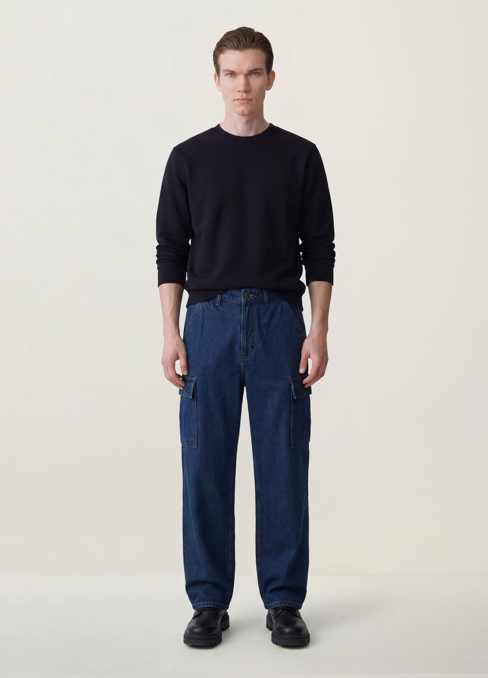 REPUBLIC OF DENIM, Jeans Cargo Blu Scuro In Puro Cotone Wide Leg, Uomo, Blu, Taglia: 42