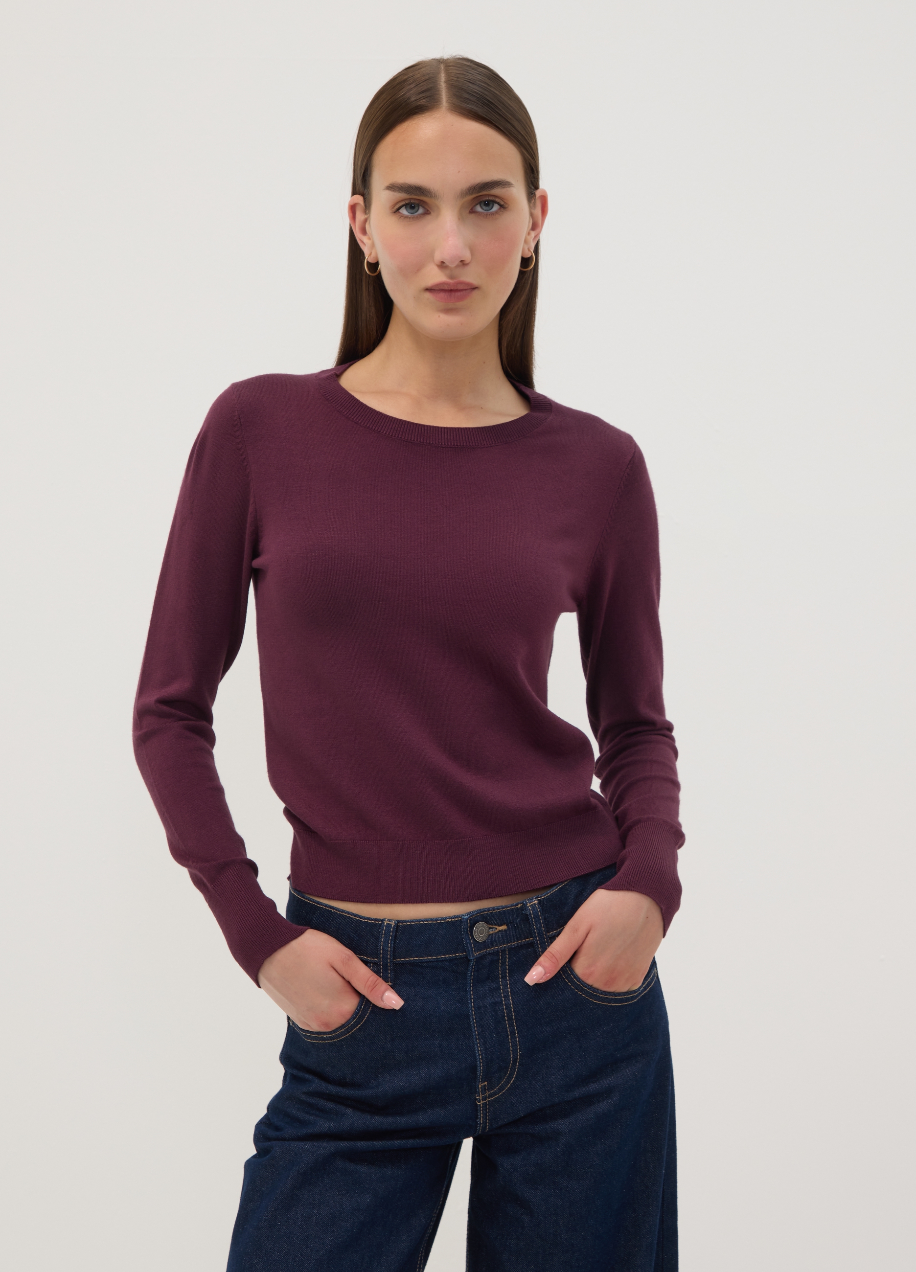 OVS, Maglia Viola In Misto Viscosa A Girocollo, Donna, Rosso, Taglia: L