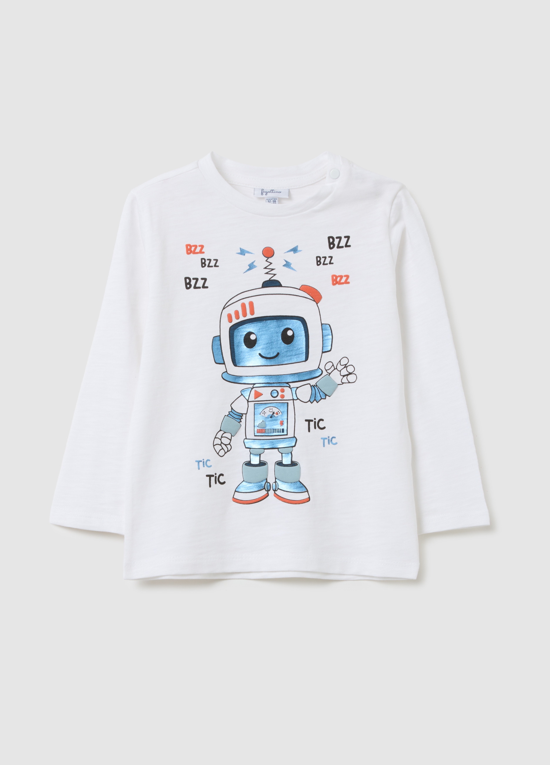FAGOTTINO, T-shirt Bianca Con Stampa Robot Bambino, Bianco, Taglia: 12-18