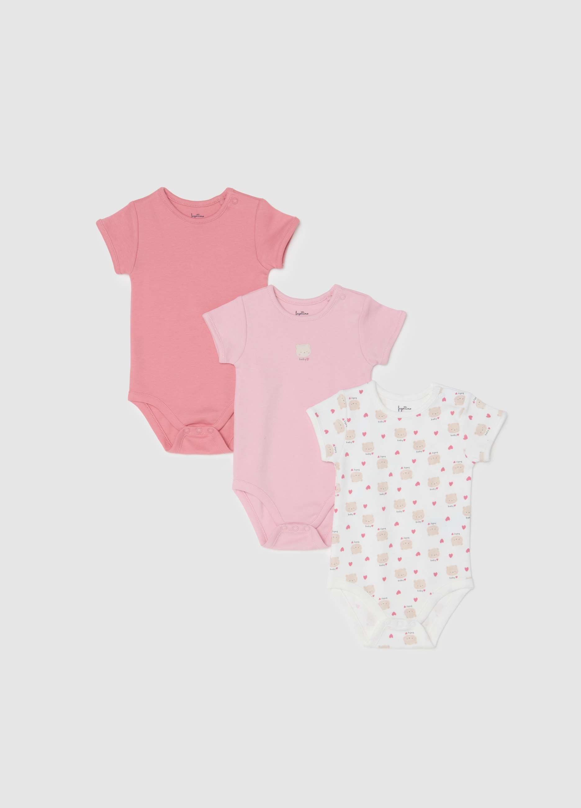 OVS, Dreierpack Mädchen-bodys Aus Reinem, Buntem Baumwollstoff Mit Teddybären, Neugeborenes Mädchen, Pink/White, Größe: 1-3