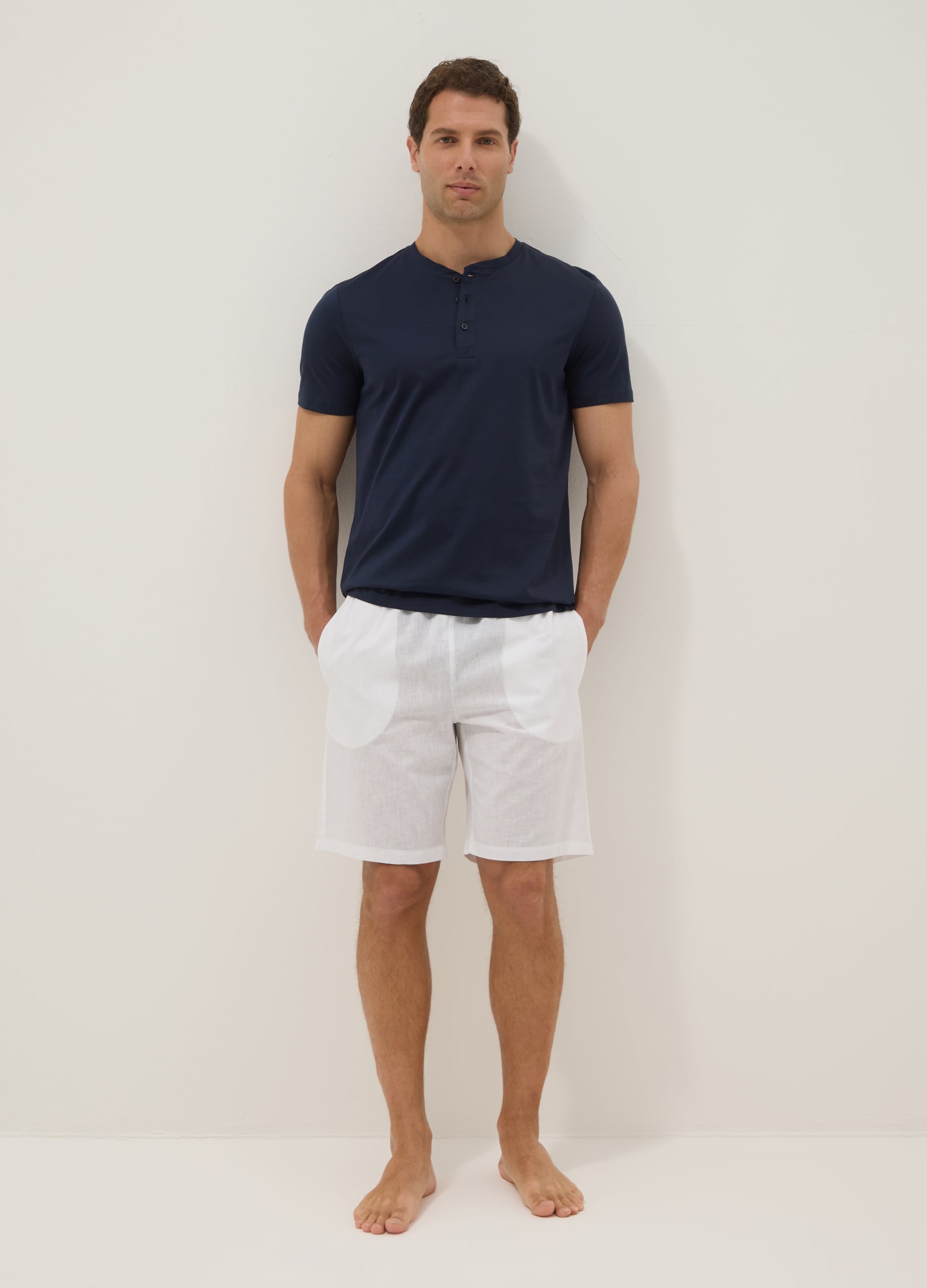 Ovs Uomo Bianco Pantaloncini Pigiama In Misto Cotone E Lino Regular Fit, Taglia: L