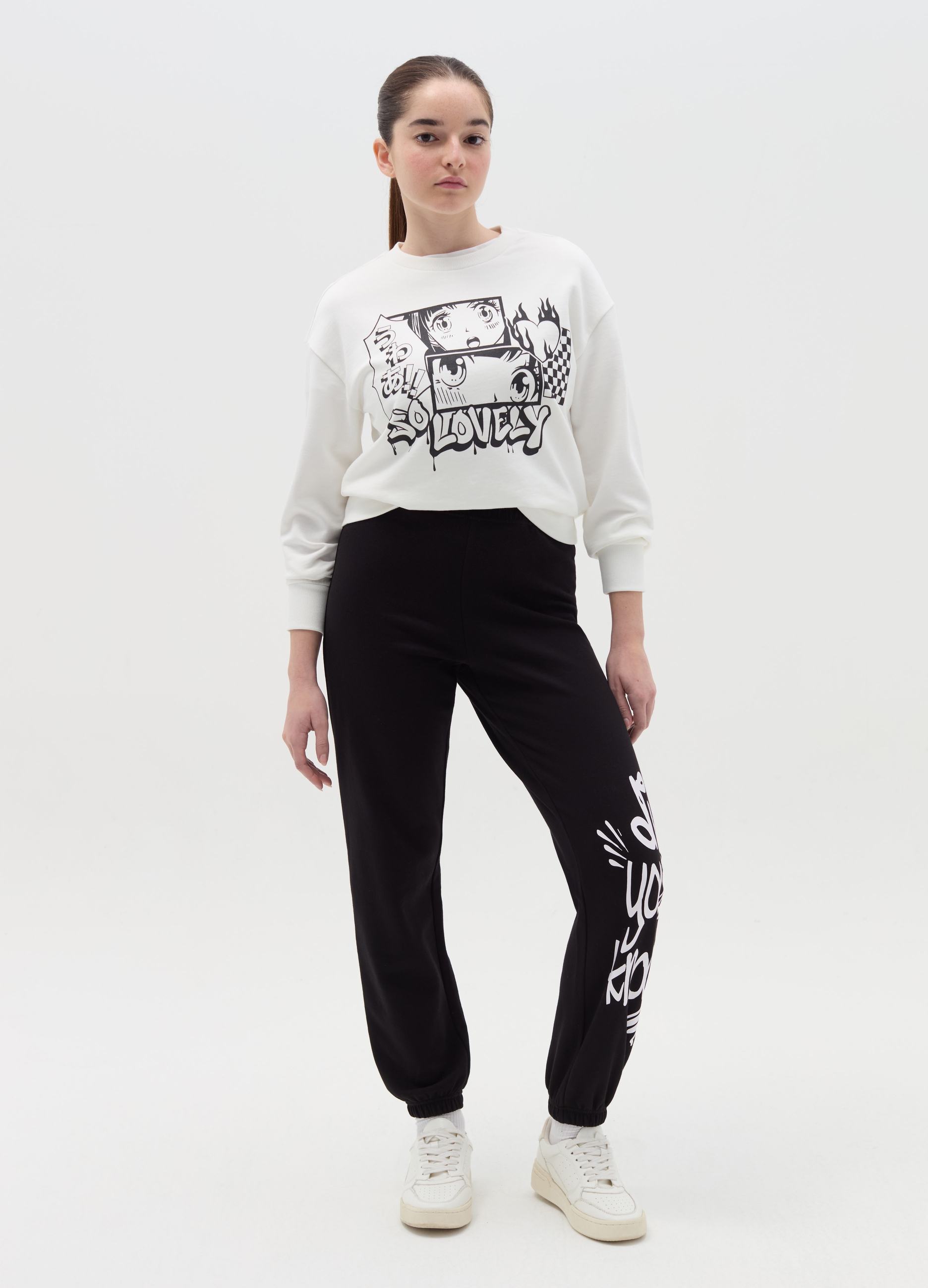 OVS KIDS, Joggers In Felpa Con Stampa, Bambina, Nero, Taglia: 14-15