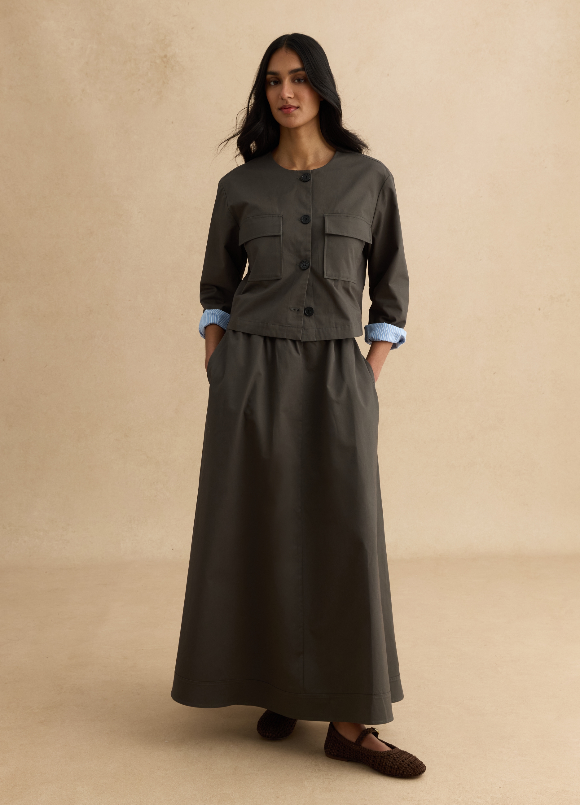 LES COPAINS, Falda Larga Gris De Puro Algodón Con Cinturón Elástico, Mujer, Gris oscuro, Talla: 40