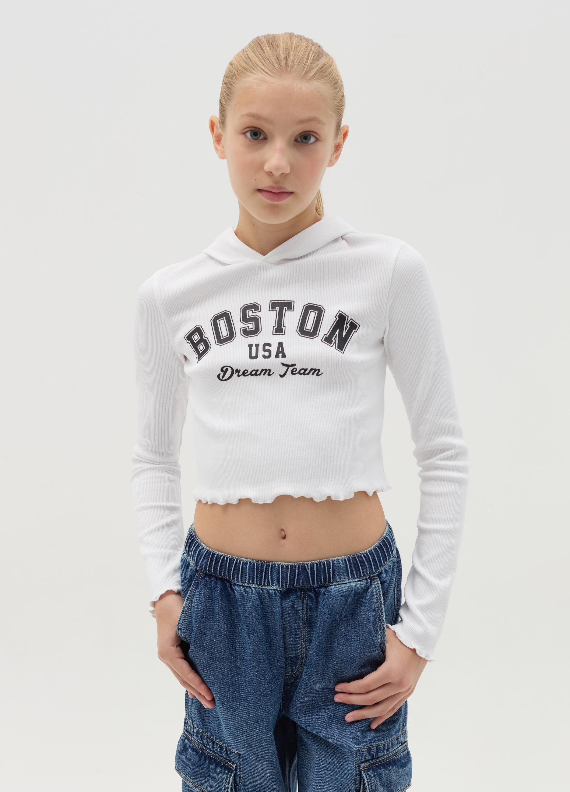 OVS KIDS, T-shirt A Costine Con Cappuccio, Bambina, Bianco, Taglia: 14-15