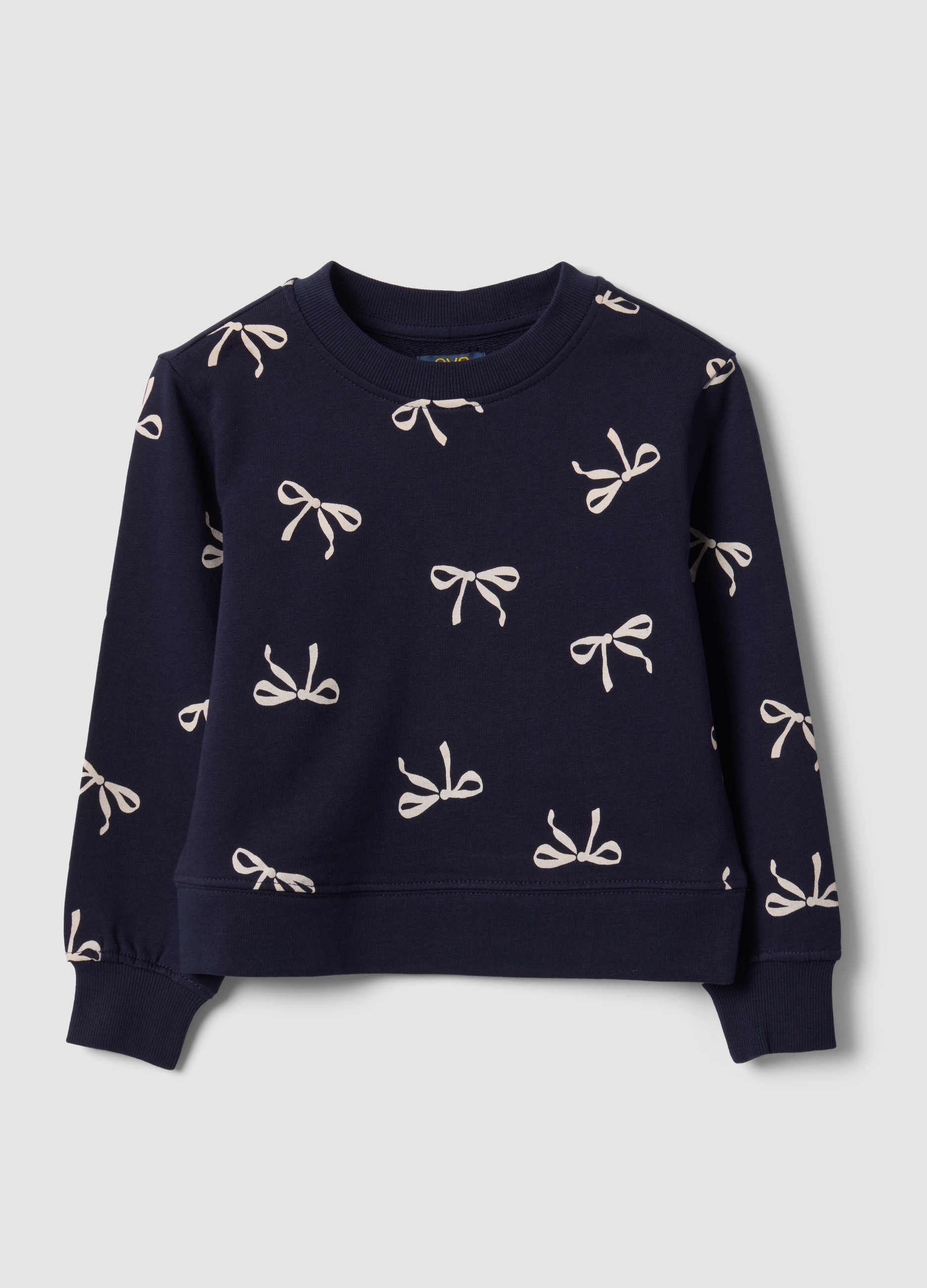 OVS KIDS, Felpa Blu In Puro Cotone Con Stampa Fiocchi E Girocollo Per Bambina, Blu, Taglia: 3-4