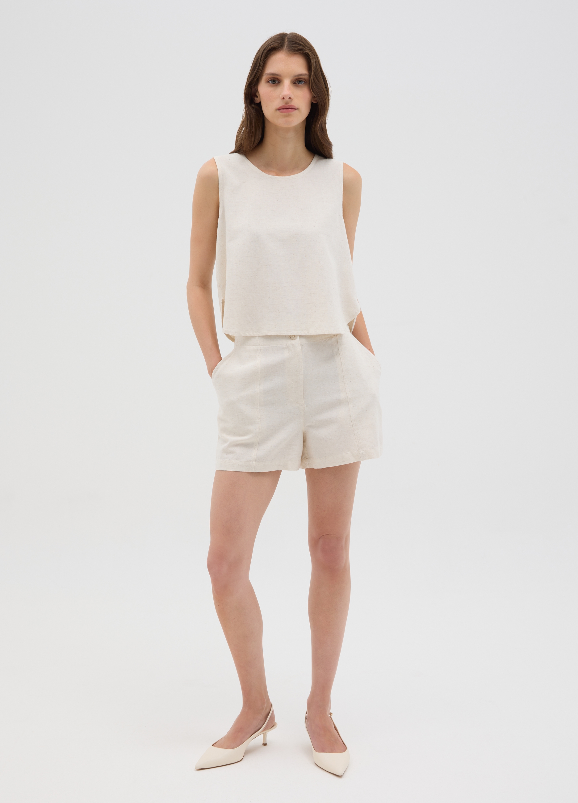 OVS , Shorts Da Donna In Misto Lino Beige Regular Fit, Beige, Taglia: 42