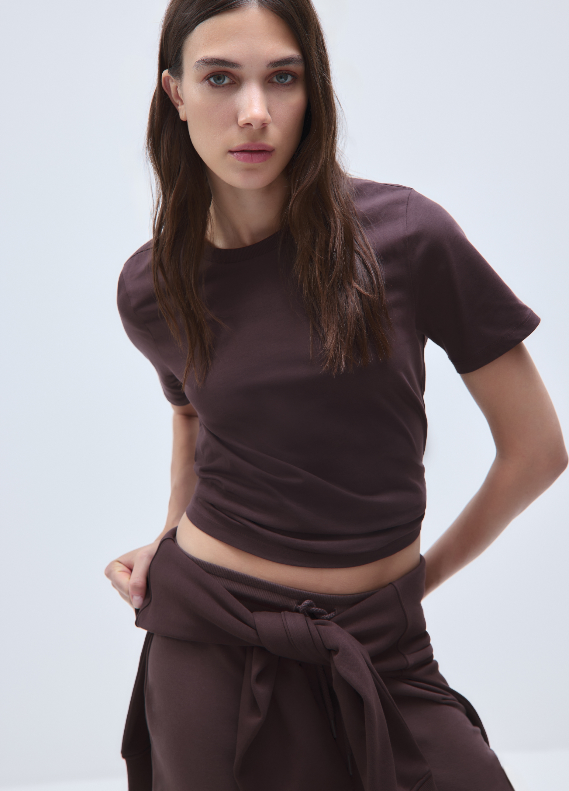 Camiseta Marrón De Algodón Puro Ajuste Regular, Mujer, Marrón oscuro, Talla: 38