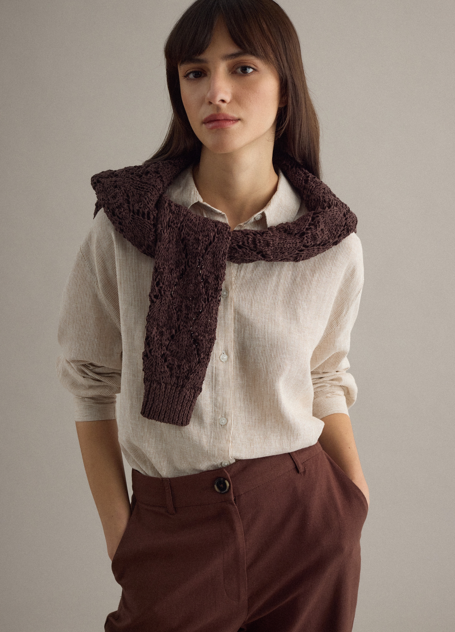 Piombo Contemporary, Camisa De Rayas Multicolores En Mezcla De Lino Con Corte Clásico, Mujer, Blanco/beige, Talla: 40