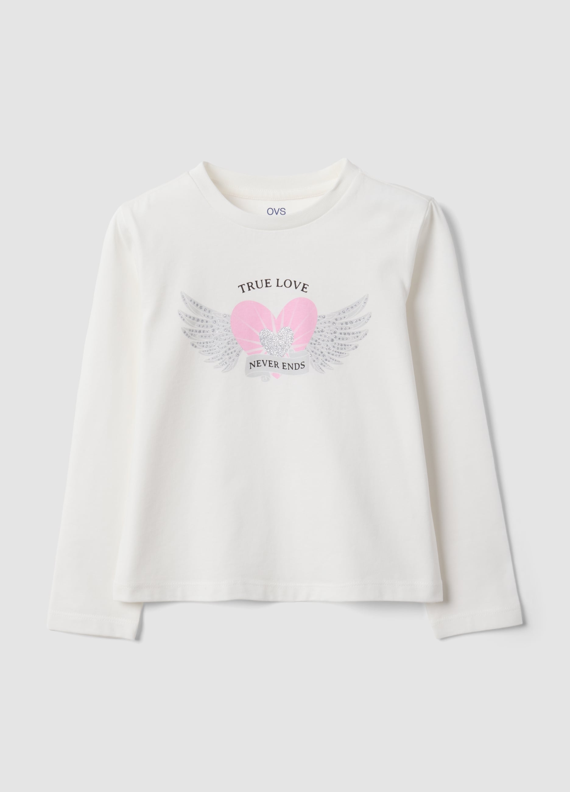 OVS KIDS, T-shirt Bianca In Puro Cotone Organico Con Stampa Cuore E Ali Per Bambina, Bianco, Taglia: 3-4