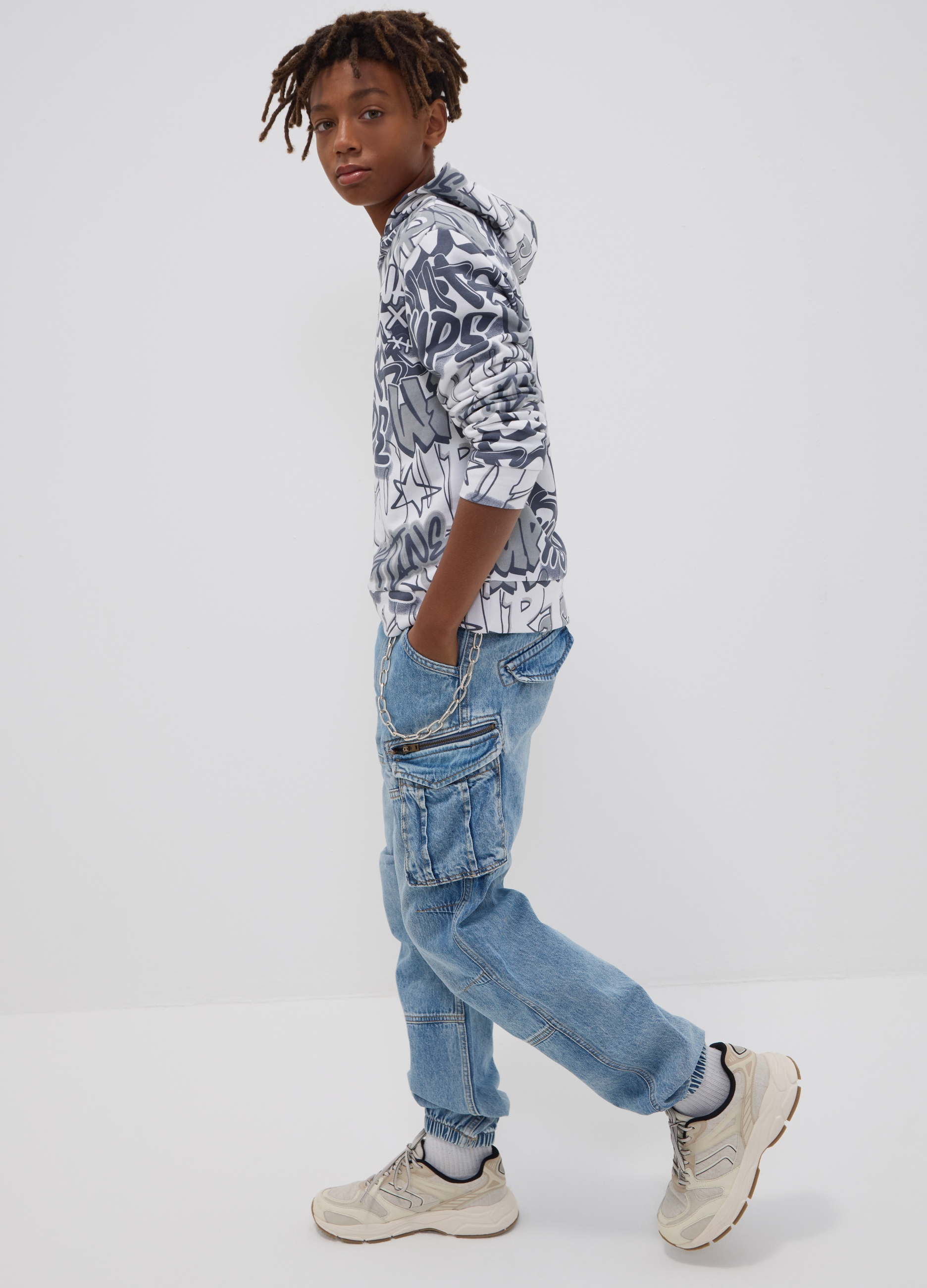 REPUBLIC OF DENIM, Jeans Cargo Azzurri In Puro Cotone Con Vita Elasticizzata Relaxed Fit, Bambino, Azzurro, Taglia: 10-11