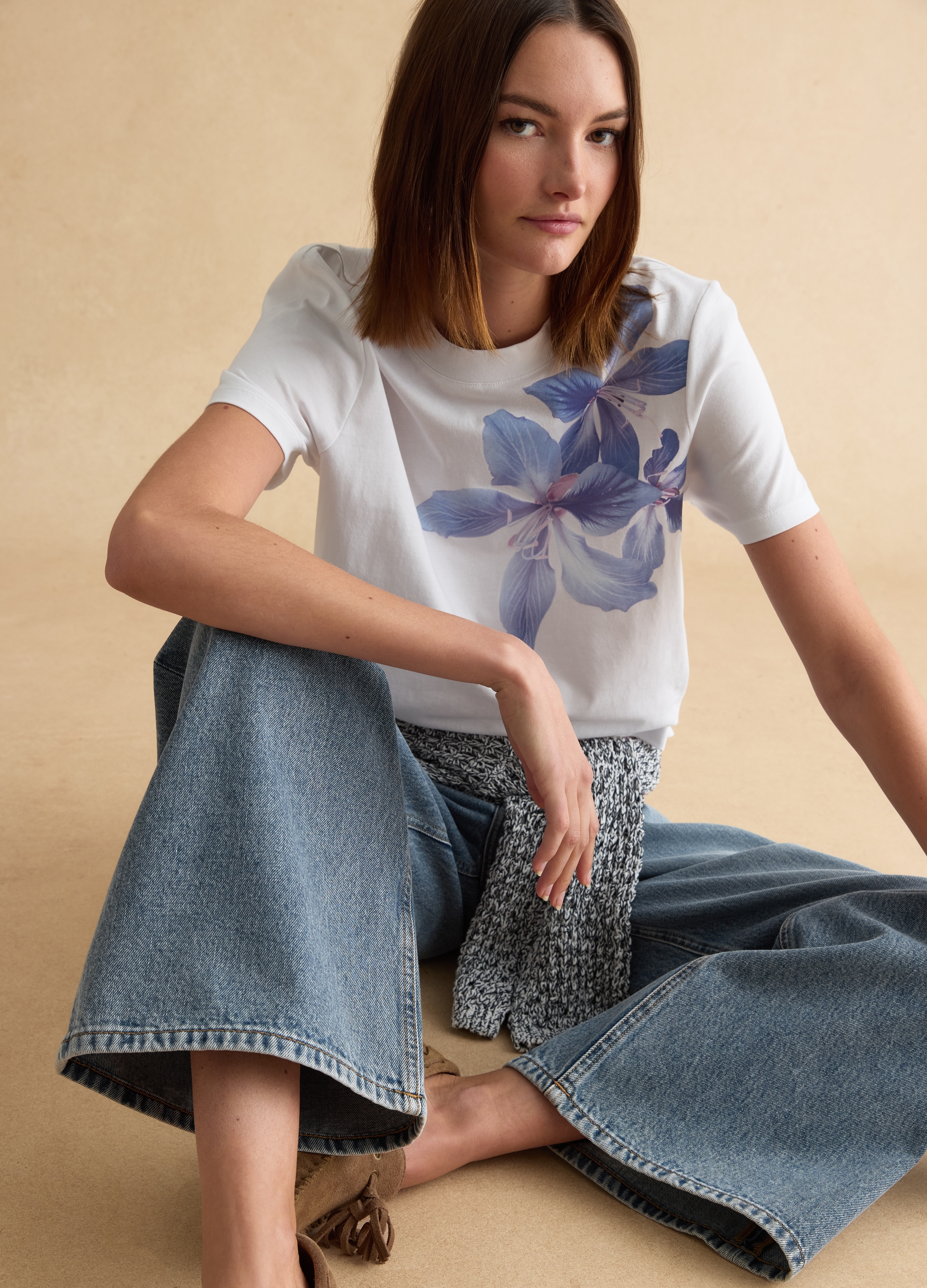 LES COPAINS, Camiseta Blanca De Algodón Puro, Ajuste Regular, Con Estampado Floral, Mujer, Blanco/azul, Talla: 34