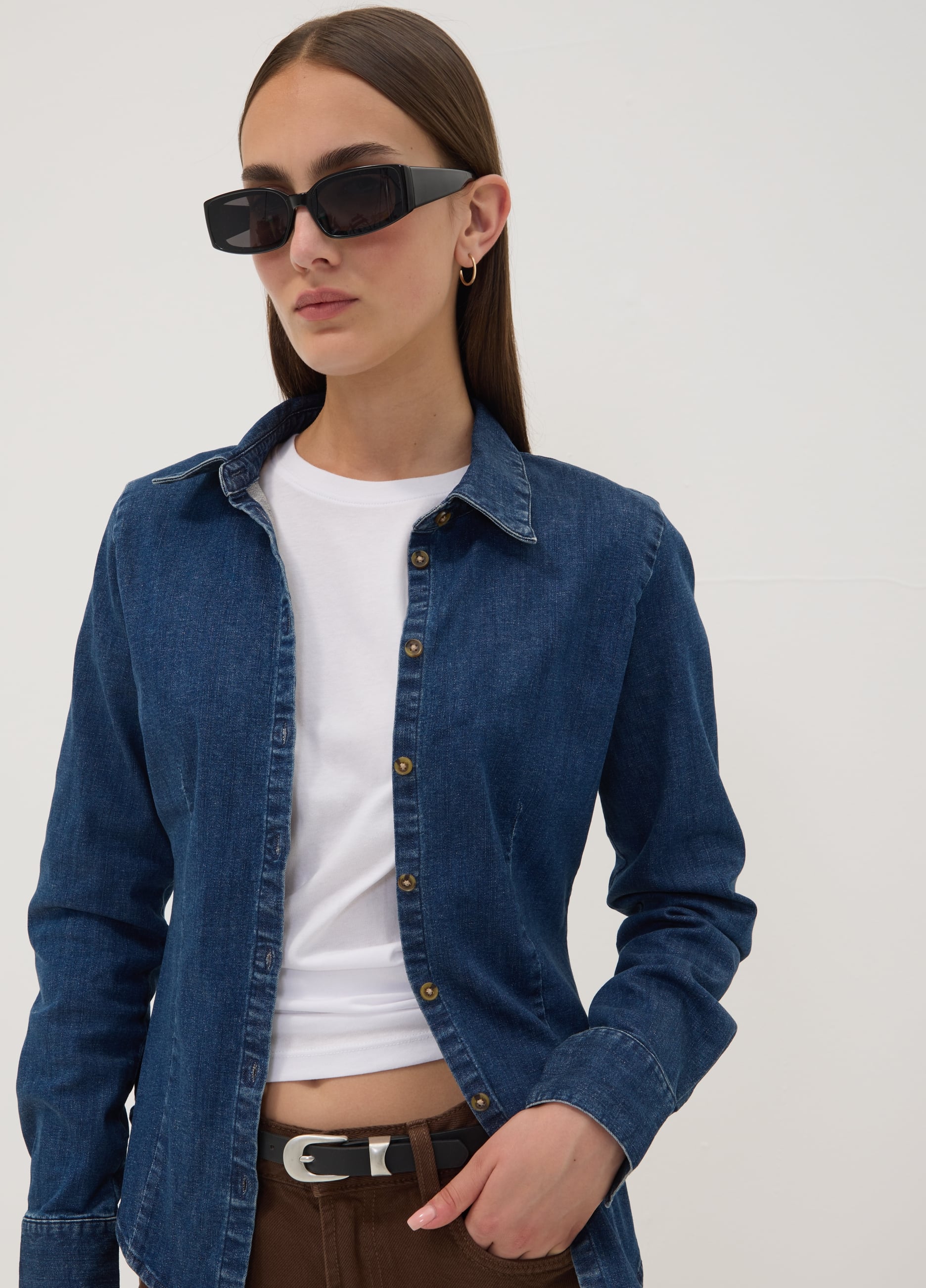 REPUBLIC OF DENIM, Camicia Blu In Denim Di Cotone Elasticizzato Slim Fit, Donna, Blu, Taglia: S