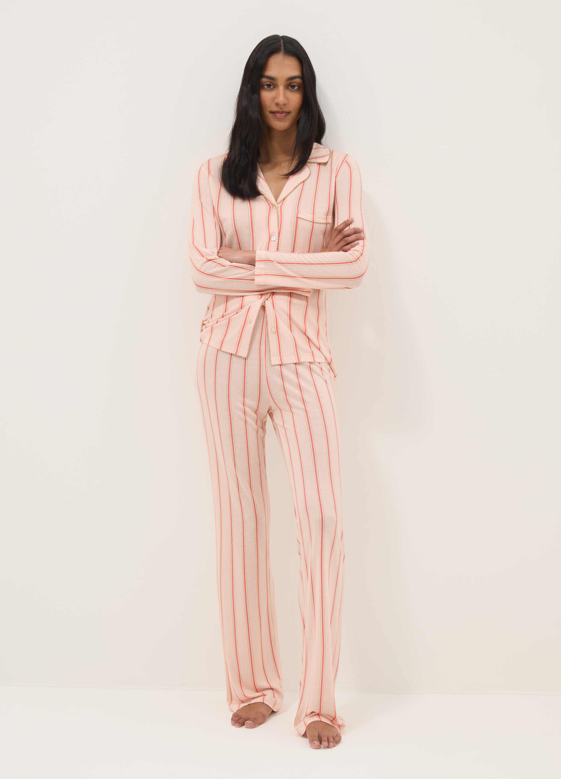 Ovs Donna Rosa Pigiama In Pura Viscosa A Righe Regular Fit Con Collo A V, Taglia: L