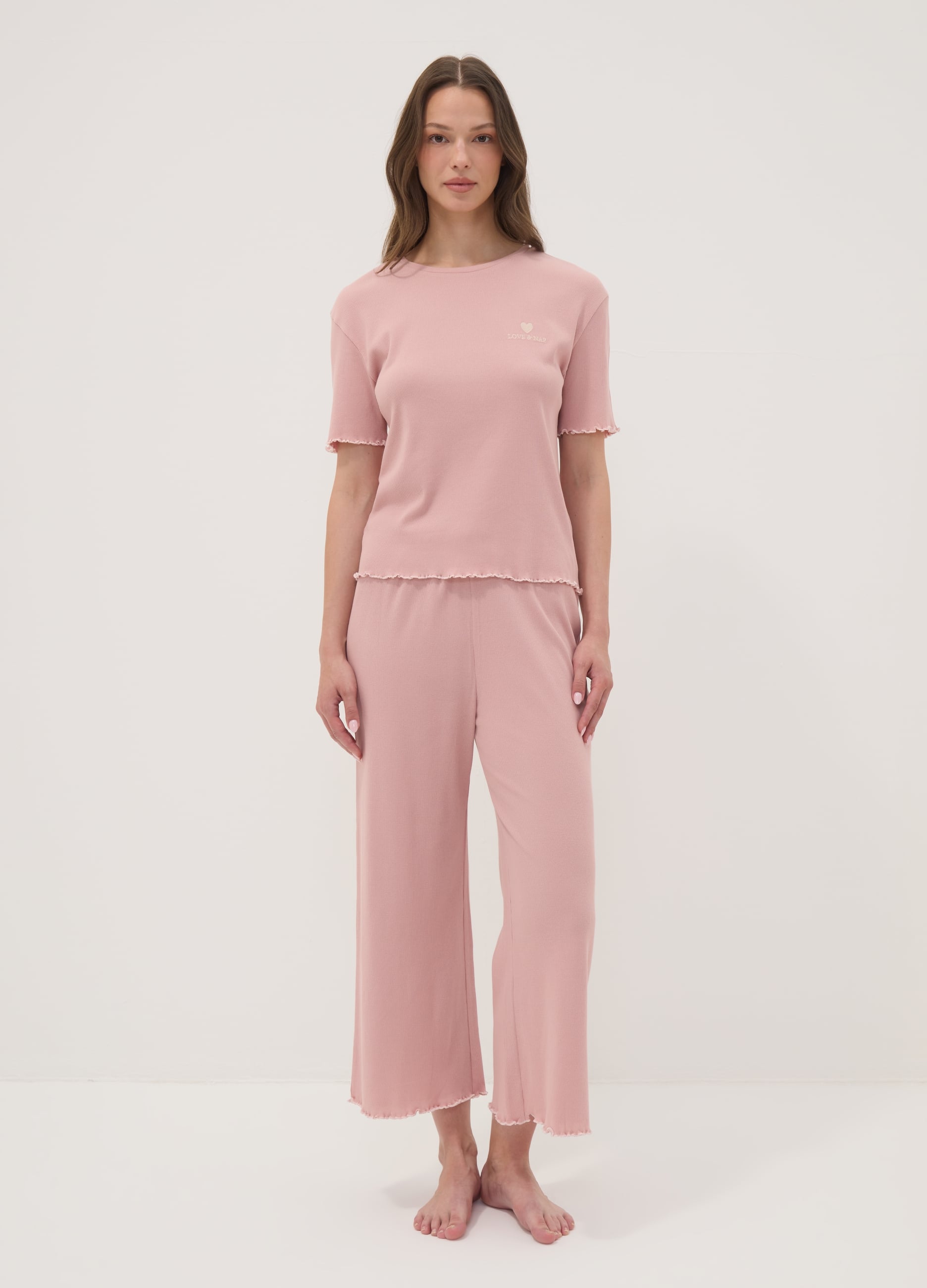 OVS, Pigiama Rosa In Puro Cotone Organico A Costine, Donna, Rosa, Taglia: M