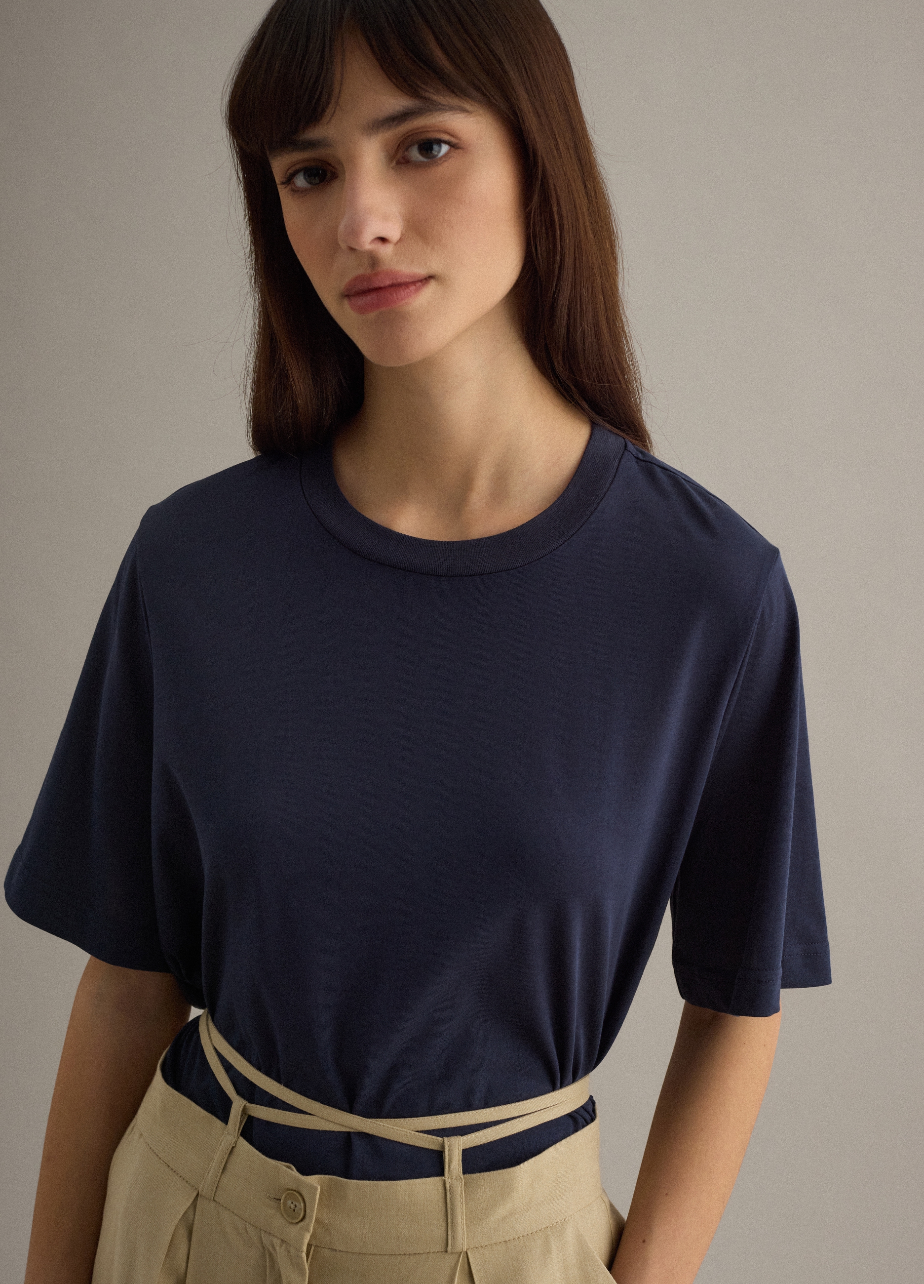 Piombo Contemporary, Camiseta Azul De Manga Corta De Mezcla De Algodón, Ajuste Regular, Mujer, Azul marino, Talla: 34