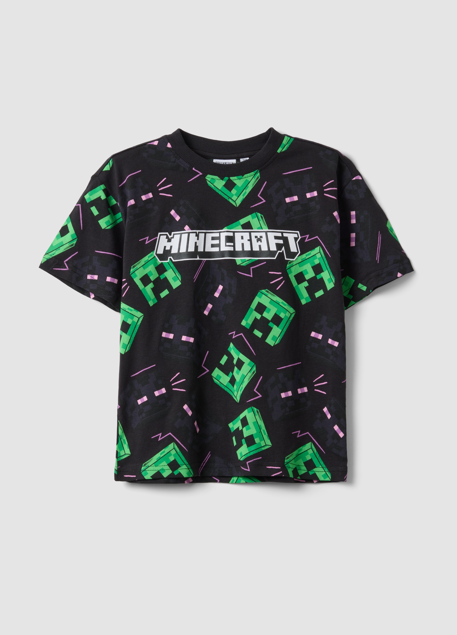 OVS KIDS, Camiseta Infantil Multicolor De Algodón Puro Con Estampados De Minecraft, Niño, Negro/Verde, Talla: 9-10