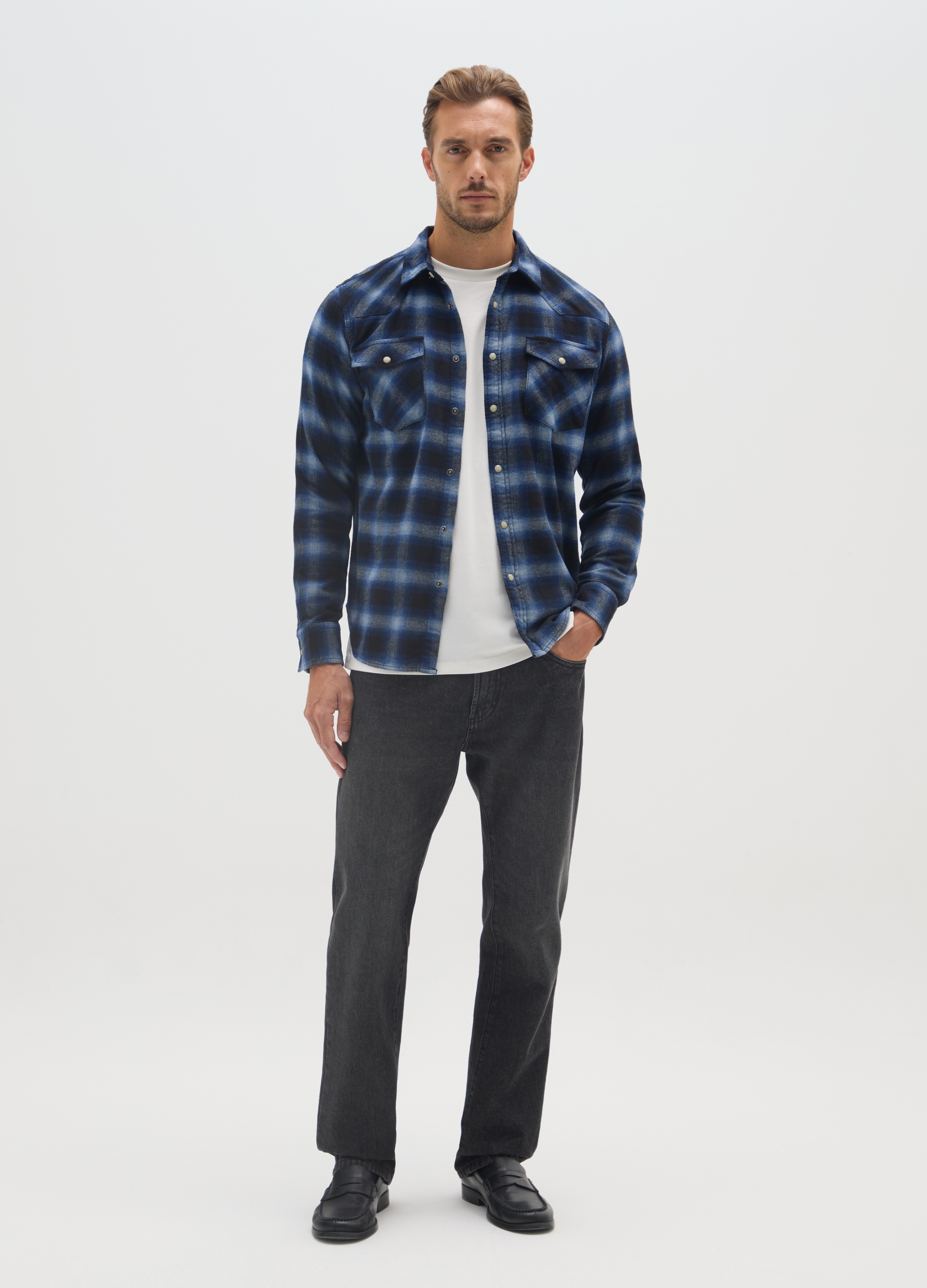 Camisa De Cuadros Multicolor De Algodón Puro Corte Regular, Hombre, Azul/Negro, Talla: M