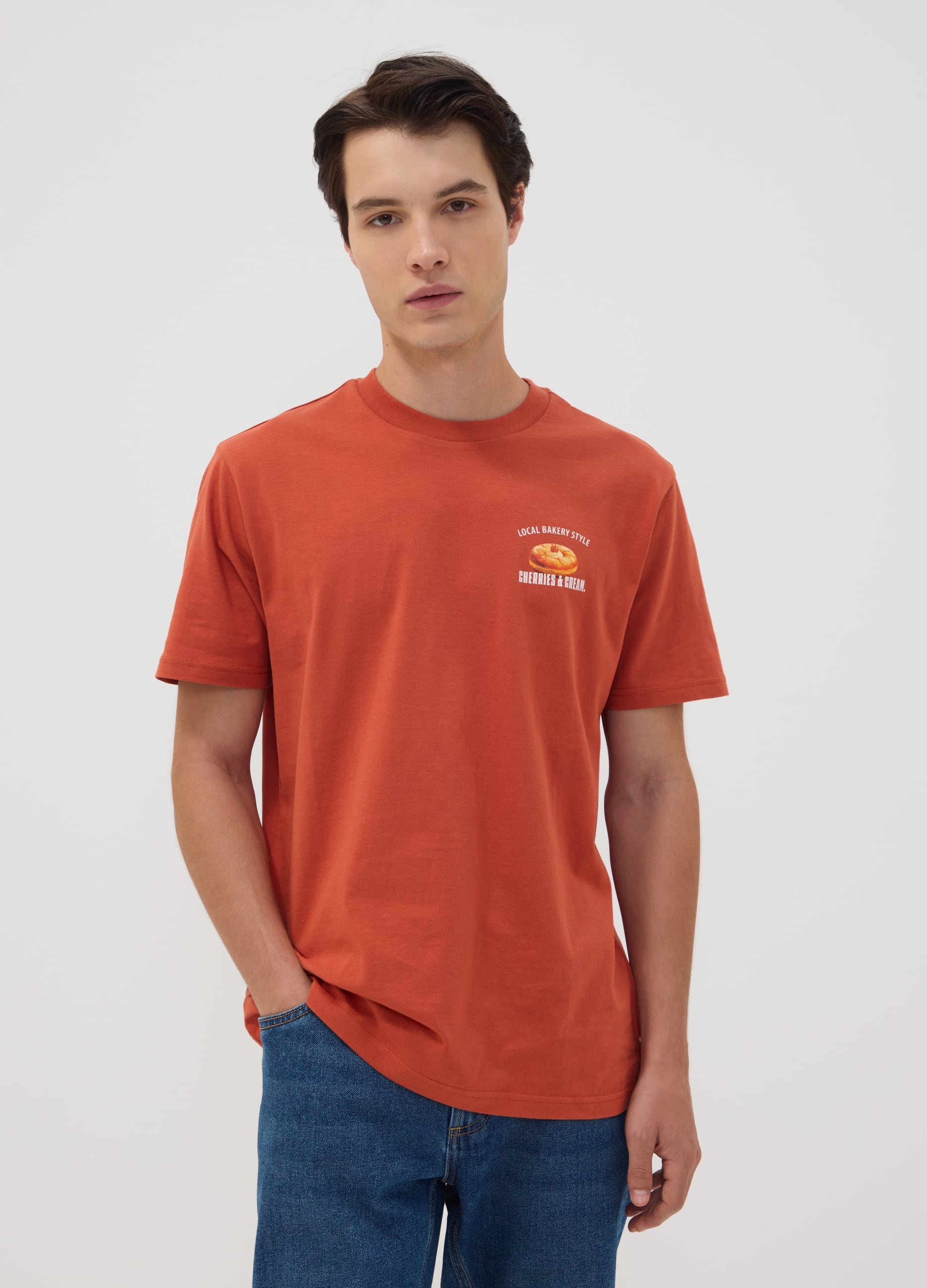 OVS, T-shirt Rossa In Puro Cotone Jersey Con Stampa Grafica Regular Fit, Uomo, Rosso, Taglia: L